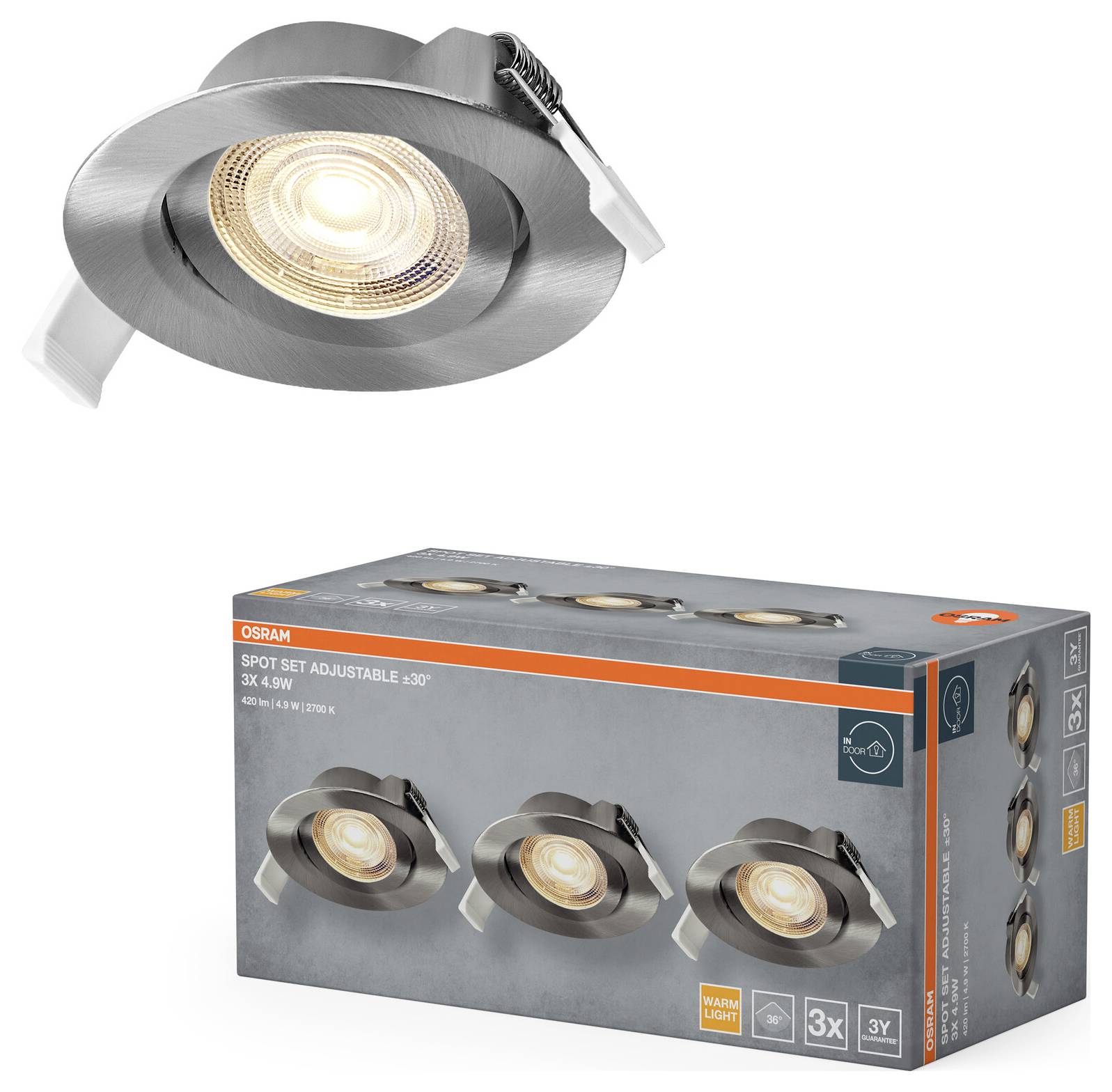 Deckenspotleuchte mit verstellbarem gebürsteten Metallfinish ist oben über einer Box abgebildet, die mit „Spot Set Adjustable ±30°