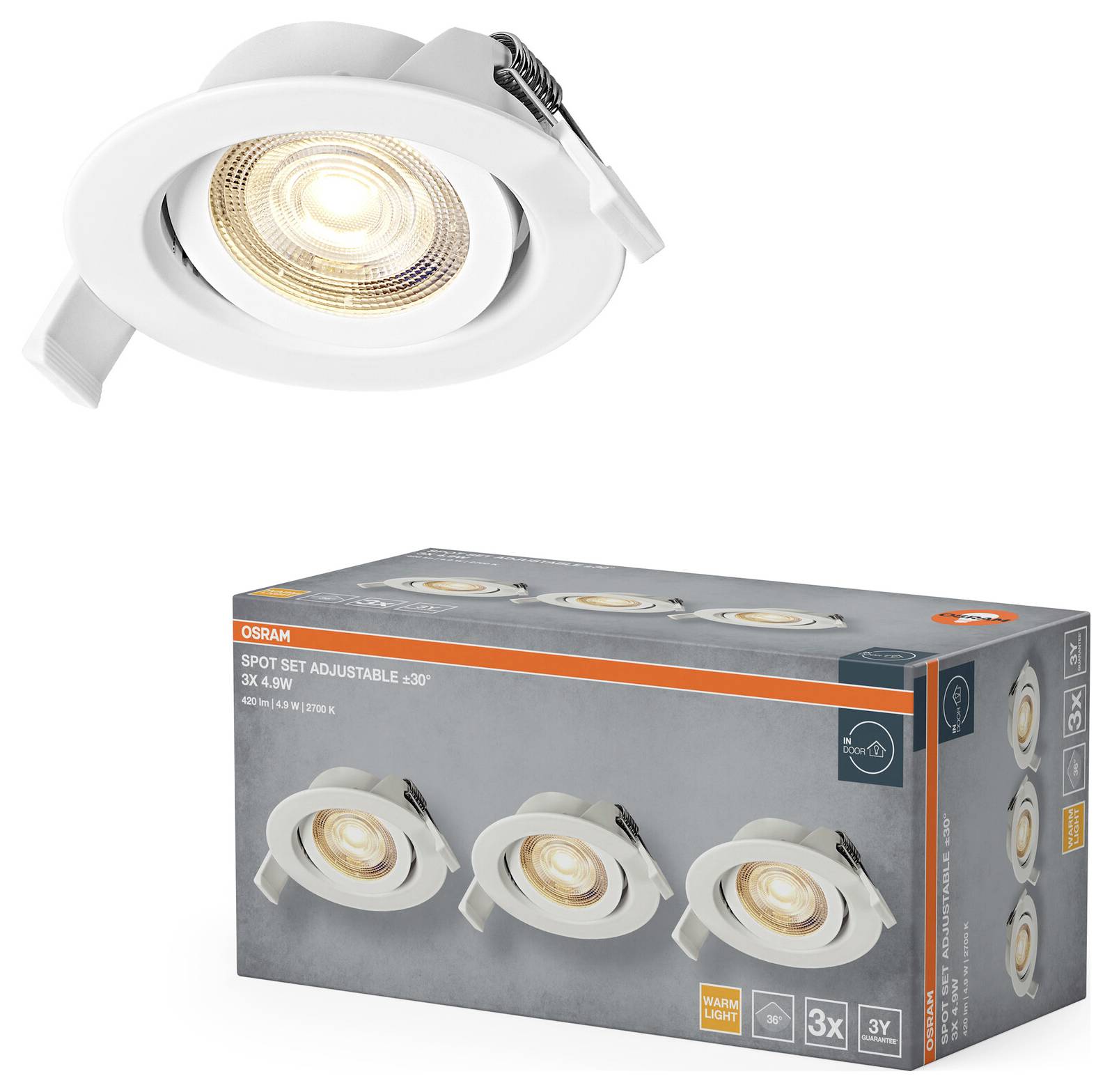 Ein Kartonset und einzelne verstellbare weiße Spotleuchten, gekennzeichnet mit „OSRAM Spot Set Adjustable