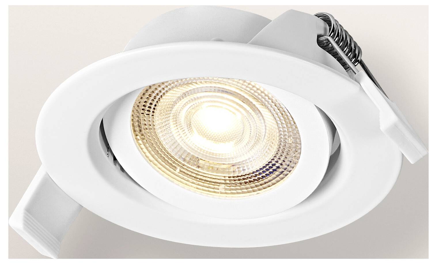 Eine weiße Einbau-Deckenleuchte mit kreisförmigem Design, mit einer leuchtenden Glühbirne in der Mitte und einer Spannfeder zur Installation.