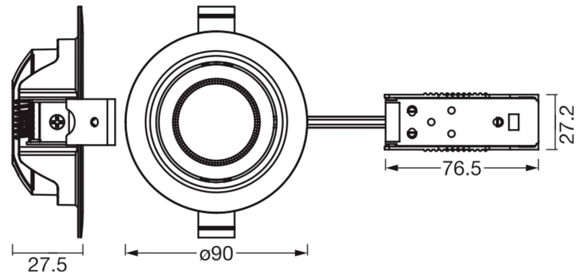 Technische Zeichnung einer kreisförmigen eingelassenen Leuchte mit Abmessungen: Durchmesser 90 mm, Höhe 27,5 mm und Länge 76,5 mm.