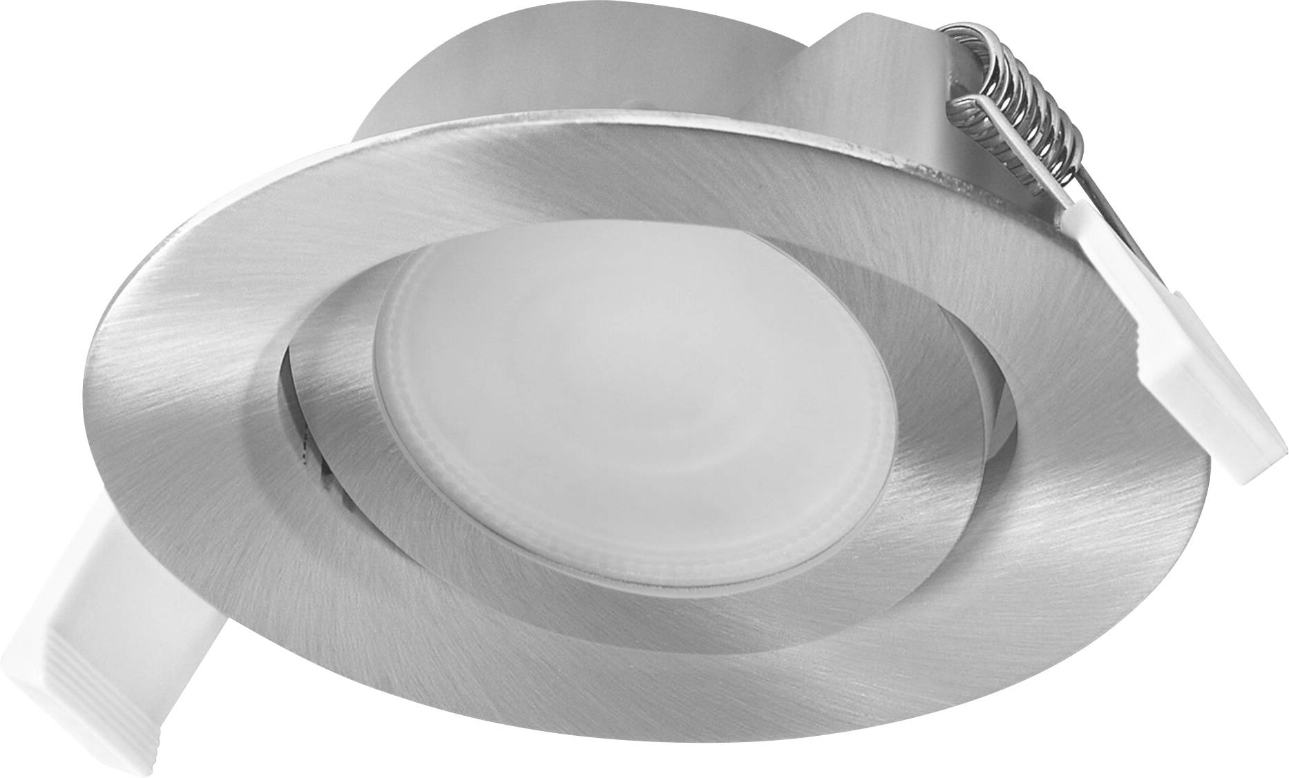 Eine Nahaufnahme einer runden, metallischen, verstellbaren Downlight-Leuchte mit Federmechanismus zur Deckeninstallation.