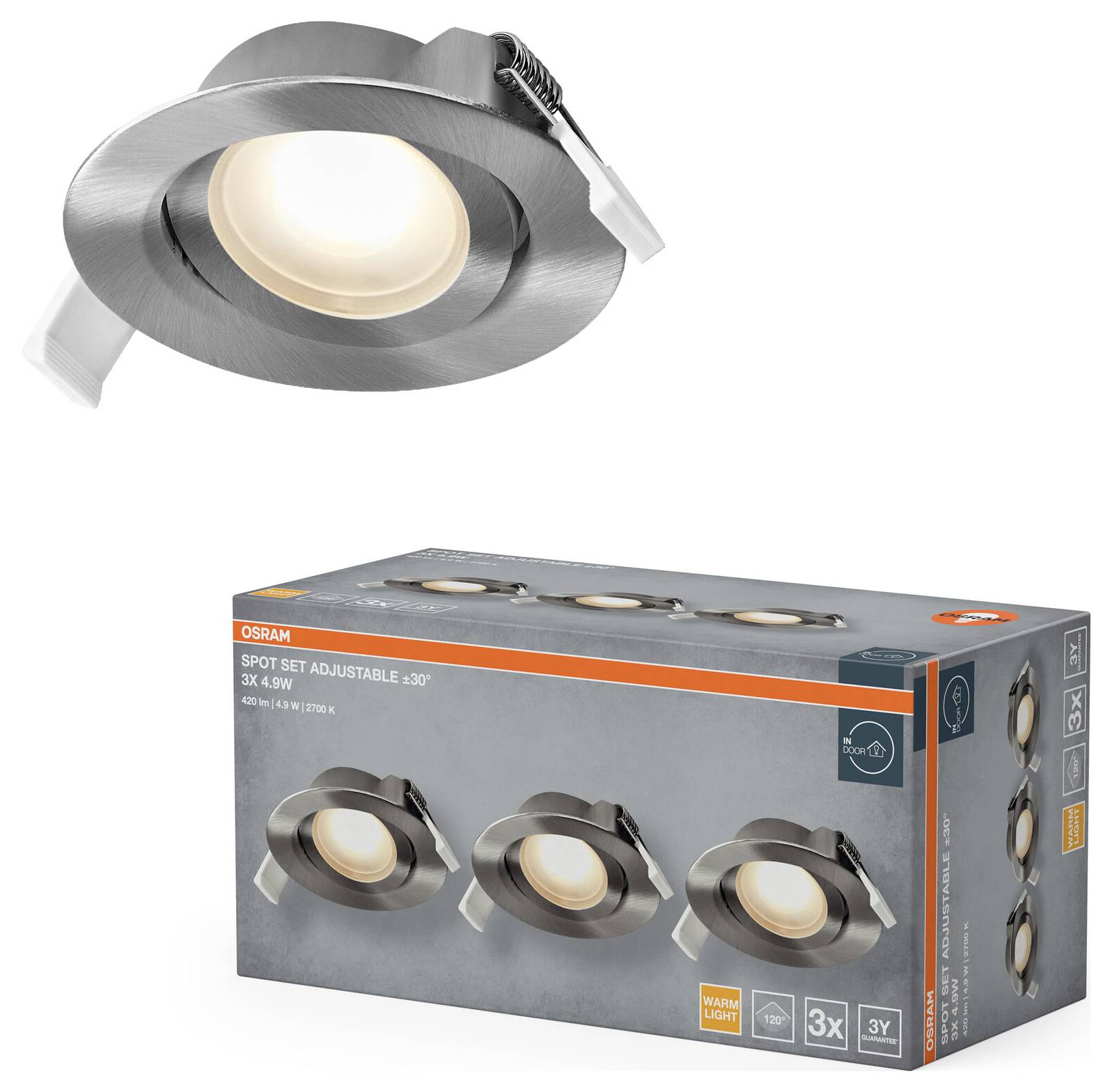 „Eine Box mit drei verstellbaren Spotleuchten mit Chromfinish von OSRAM, jeweils 3x3W, 3000K Warmweiß, dargestellt mit einer hervorgehobenen Spotleuchte.