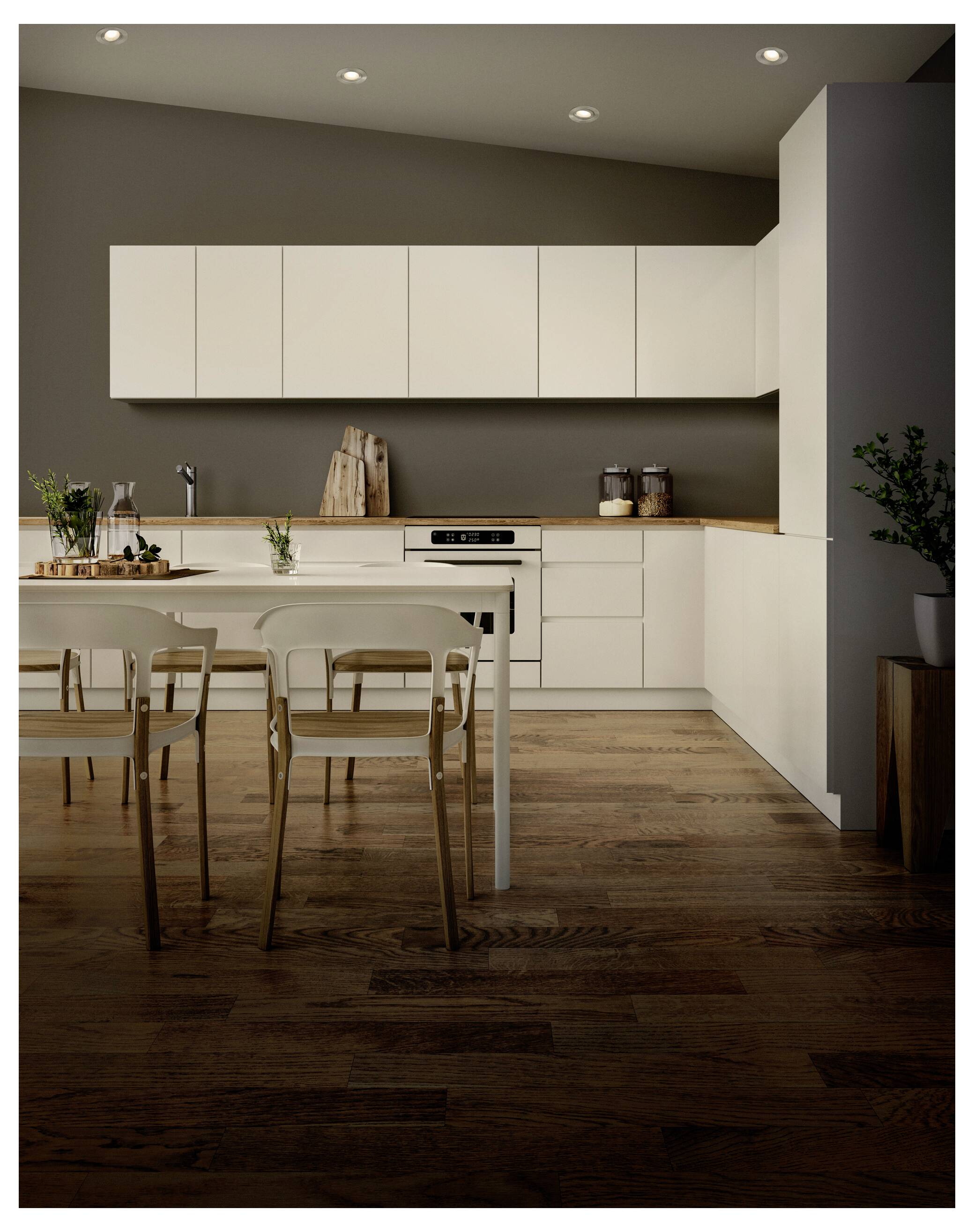 Eine moderne Küche mit weißen Schränken, einer Arbeitsplatte aus Holz und Holzböden. Sie verfügt über einen Esstisch mit vier Stühlen und Topfpflanzen.