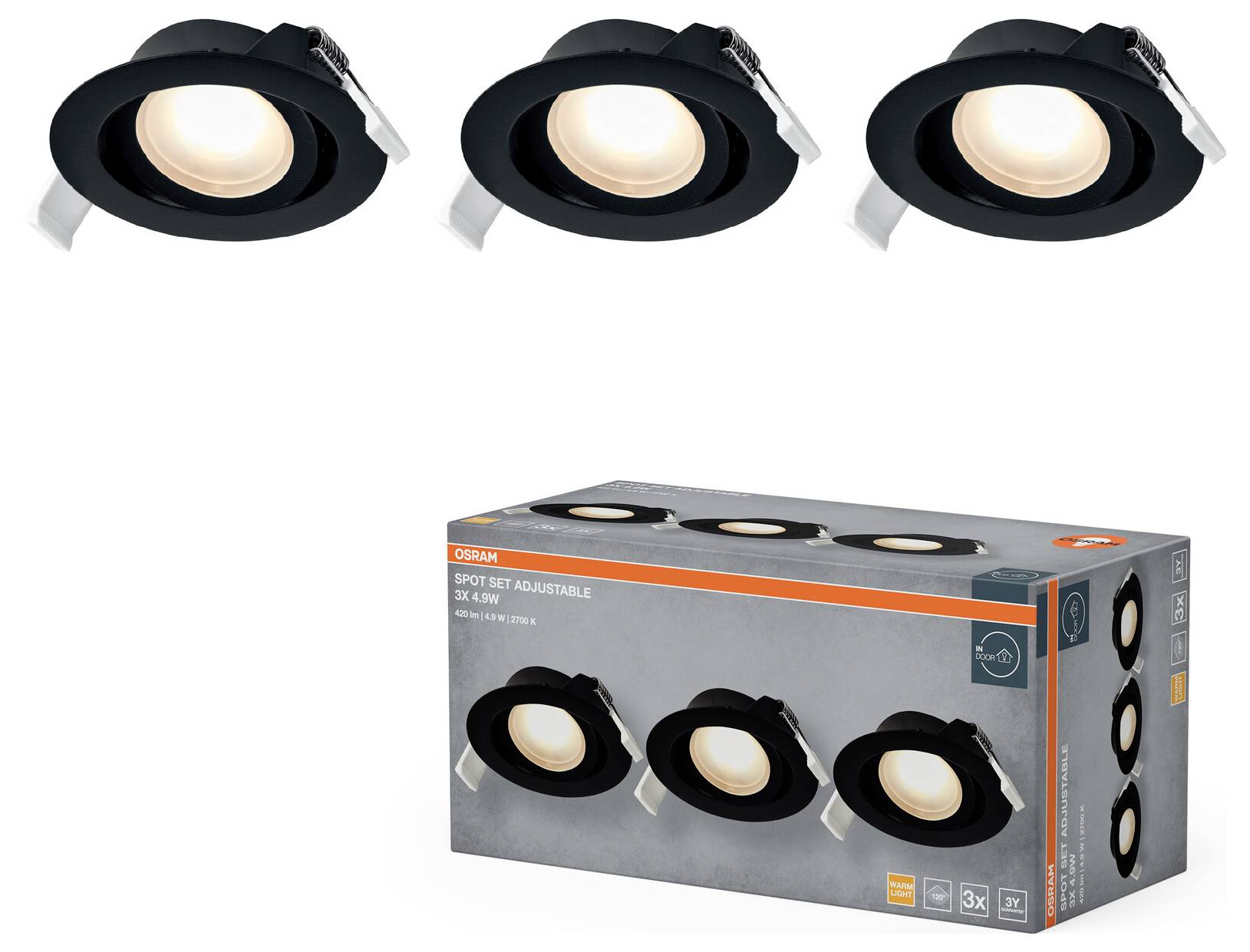 Drei schwarze verstellbare Einbauspot lights, die jeweils warmes Licht ausstrahlen. Darunter zeigt eine Box die Leuchten und das Branding und deutet auf ein Set aus drei Stück hin.