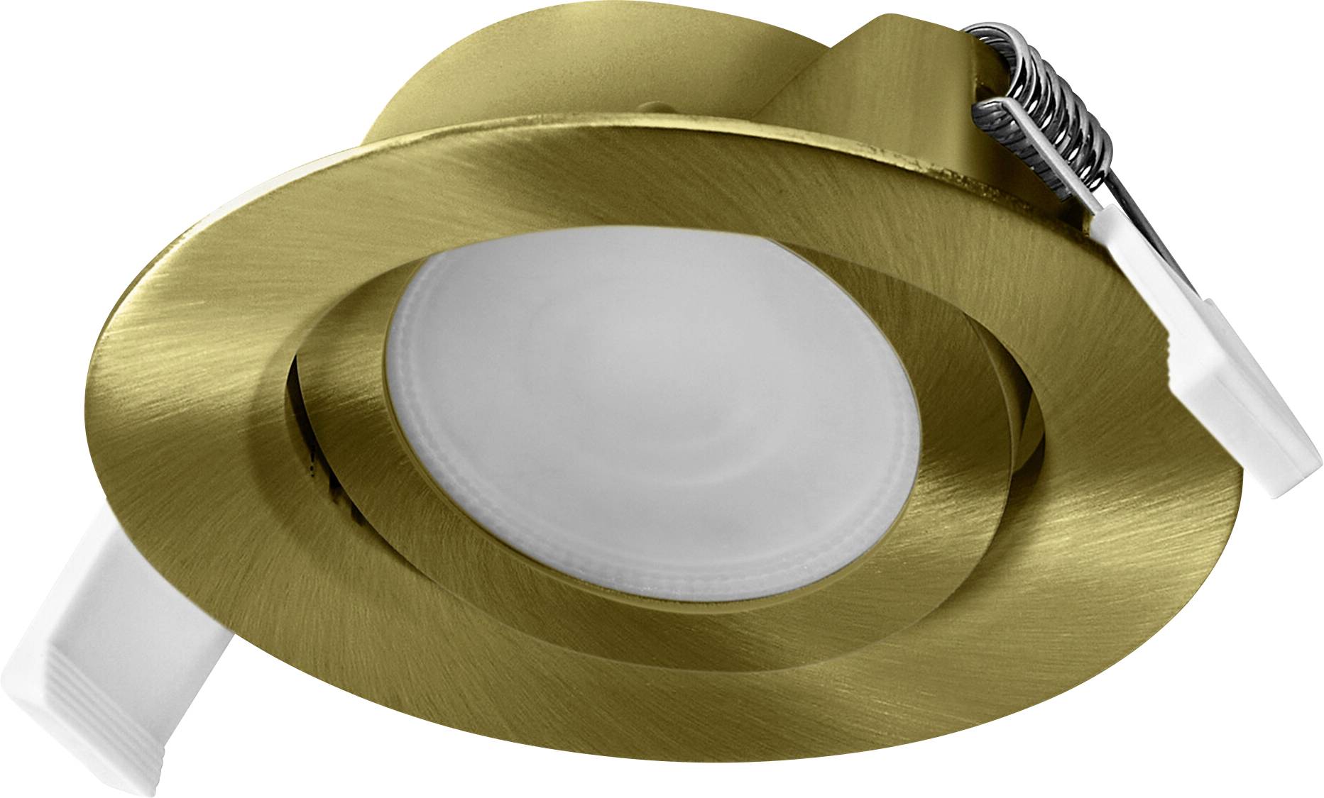 Eine runde, gold-verarbeitete Einbauleuchte mit weißer Glühbirne, konzipiert für die Deckenmontage.