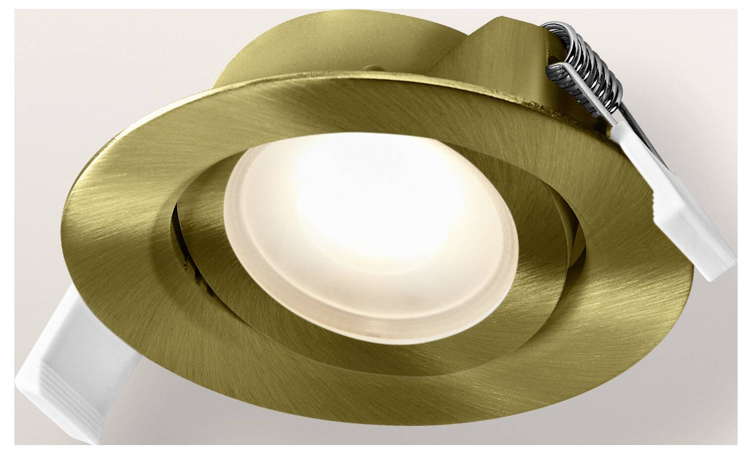 Eine Einbauleuchte mit goldenem Rundrahmen und weißem Inneren, konzipiert für verstellbare Lichtrichtung.