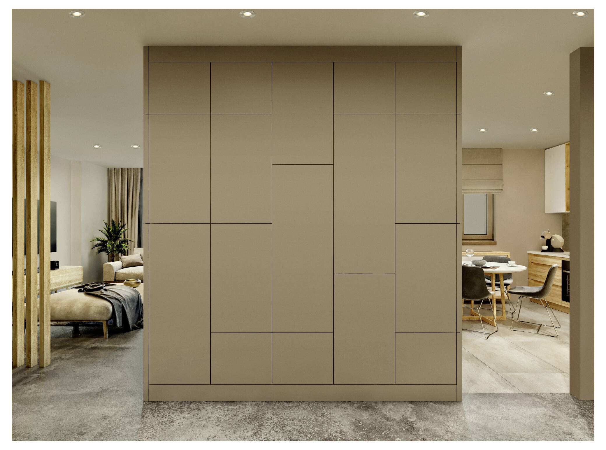 Ein moderner Wohnraum mit einem integrierten braunen Kleiderschrank, der einen offenen Grundriss mit einem gemütlichen Wohnzimmer und einem Essbereich unterteilt.