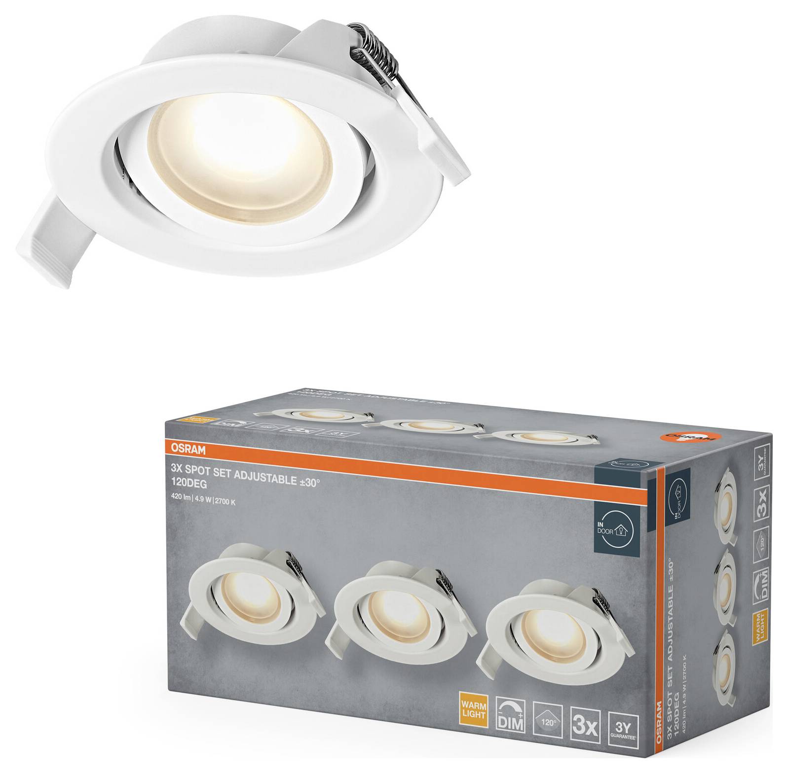 OSRAM 3er Spot-Set verstellbar, 1200 lm, warmweißes Licht, 50 mm' Leuchte mit Produktkarton mit drei verstellbaren Strahlern.