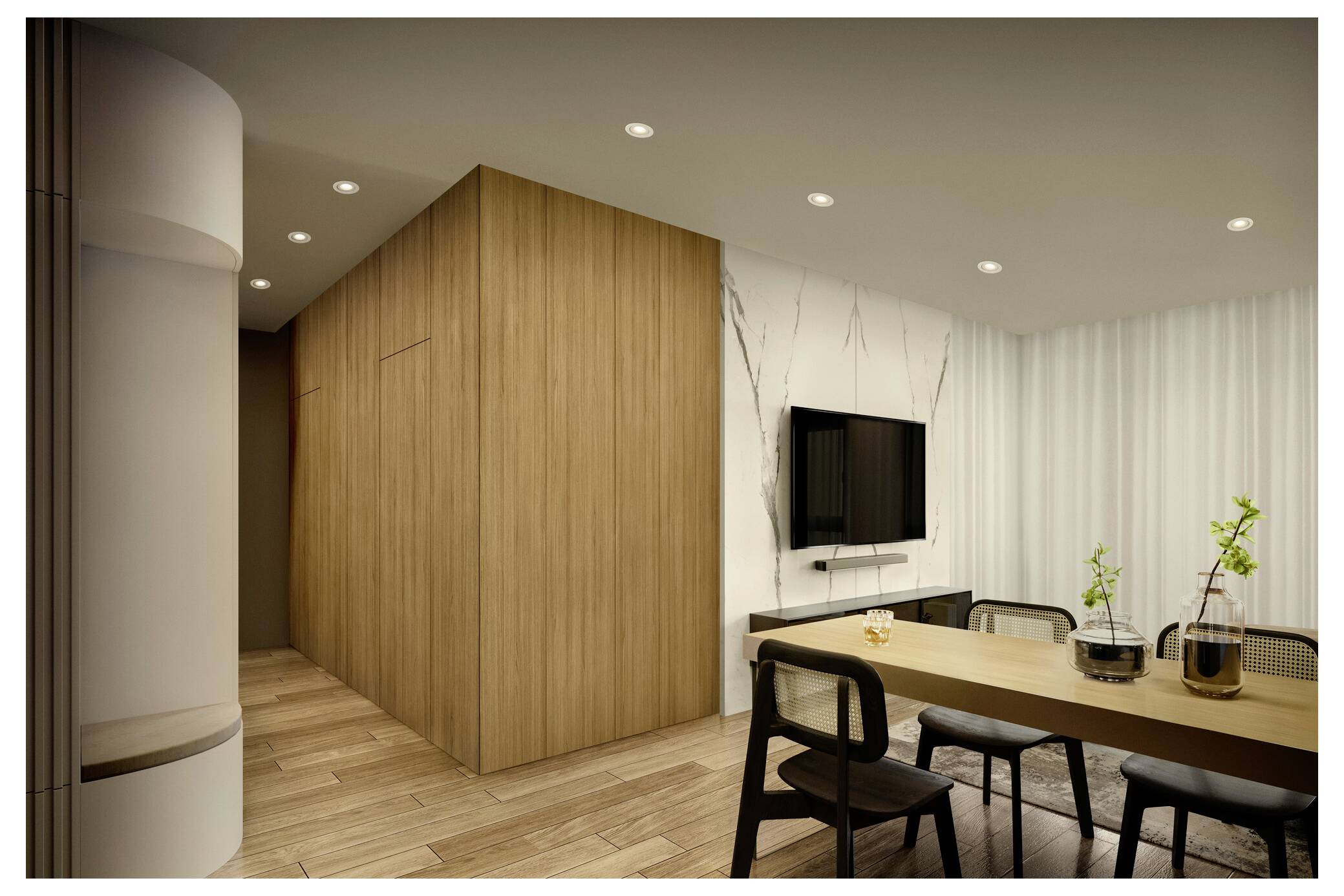 Modernes Esszimmer mit einem Holztisch, schwarzen Stühlen und kleinen Topfpflanzen. Ein an der Wand montierter Fernseher befindet sich an einer holzverkleideten Wand. Deckenleuchten erleuchten den Raum.