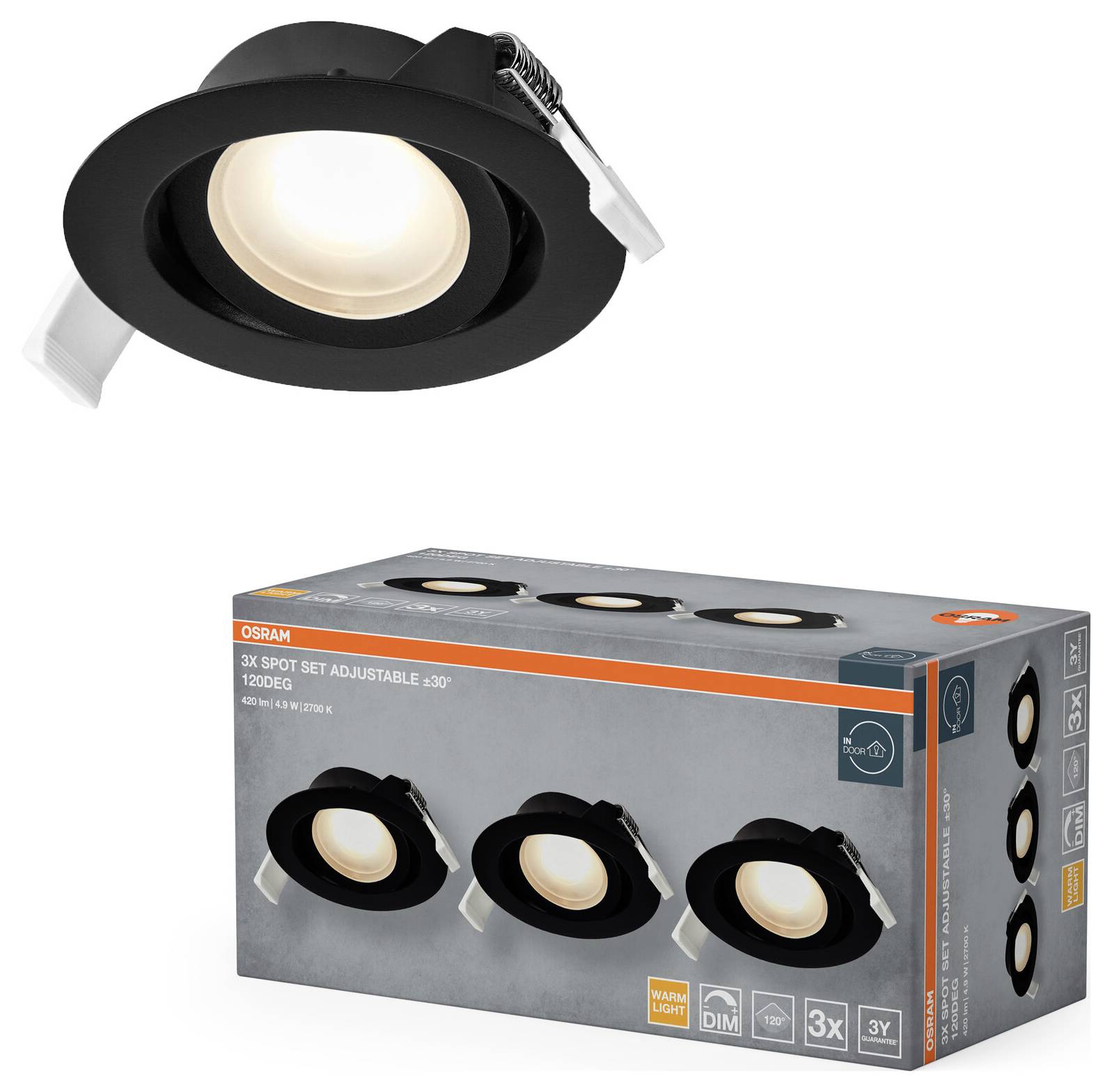 Verstellbarer schwarzer Einbaustrahler mit Verpackung, bestehend aus einem 3er-Set von Osram. Dimmbar, 1200 Lumen.