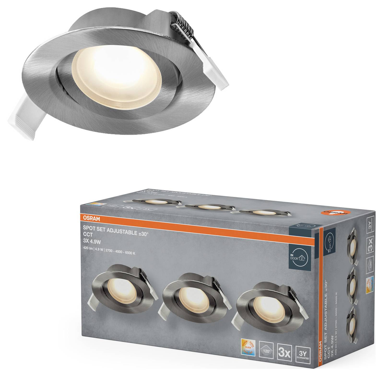 Einstellbare LED-Spotleuchte-Set mit gebürstetem Metallfinish, erzeugt weiches weißes Licht. Die Verpackung zeigt drei Spotleuchten und Produktbranding.