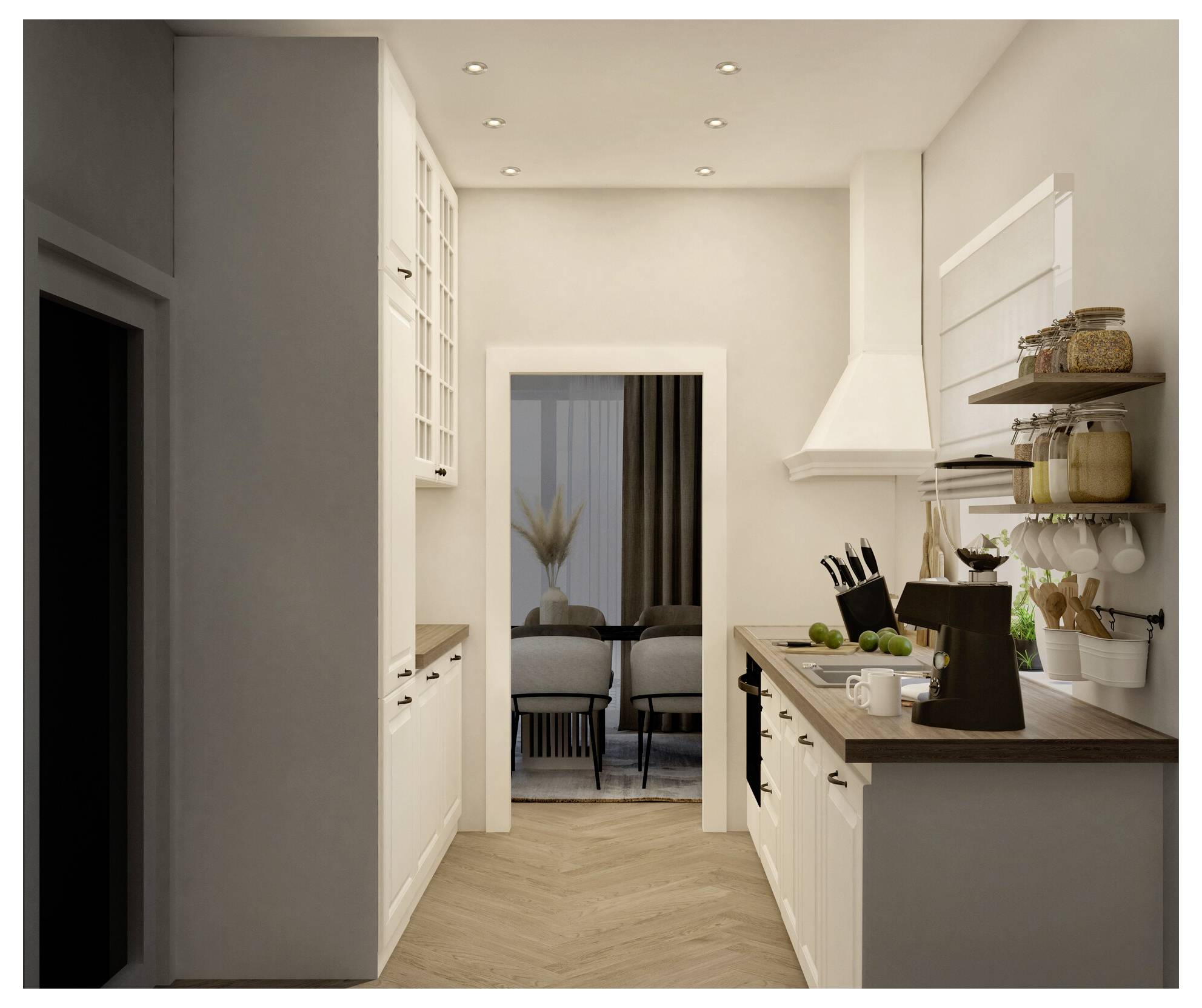 Eine moderne Küche mit weißen Schränken, Holzarbeitsplatten, angebrachten Regalen mit Gläsern, und ein Blick in einen Essbereich mit Stühlen und Dekorationen.