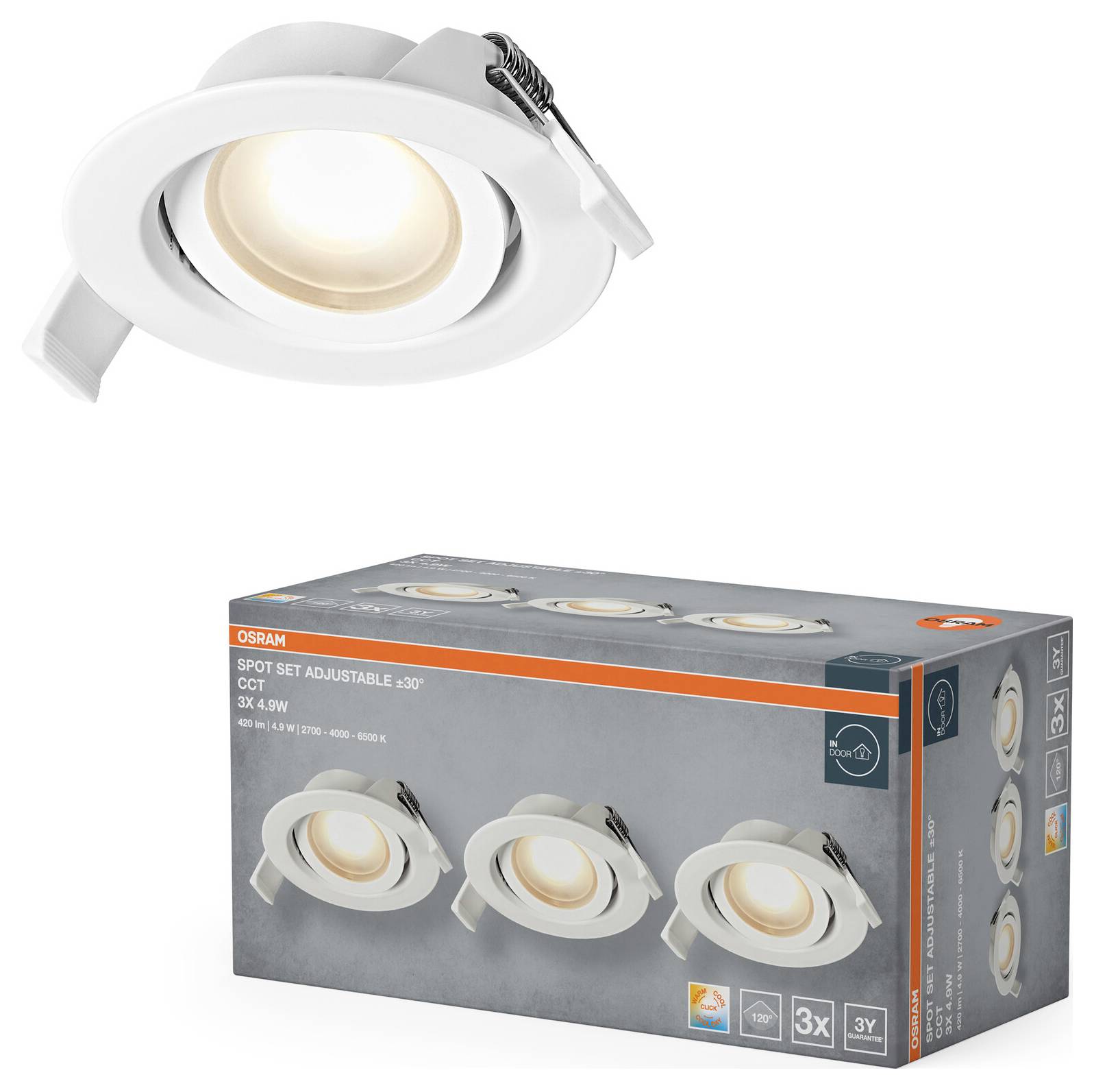 LED-Strahler mit weißem Rahmen wird über seiner Verpackung gezeigt. Die Schachtel zeigt drei identische Strahler, gekennzeichnet mit „Spot Set Adjustable