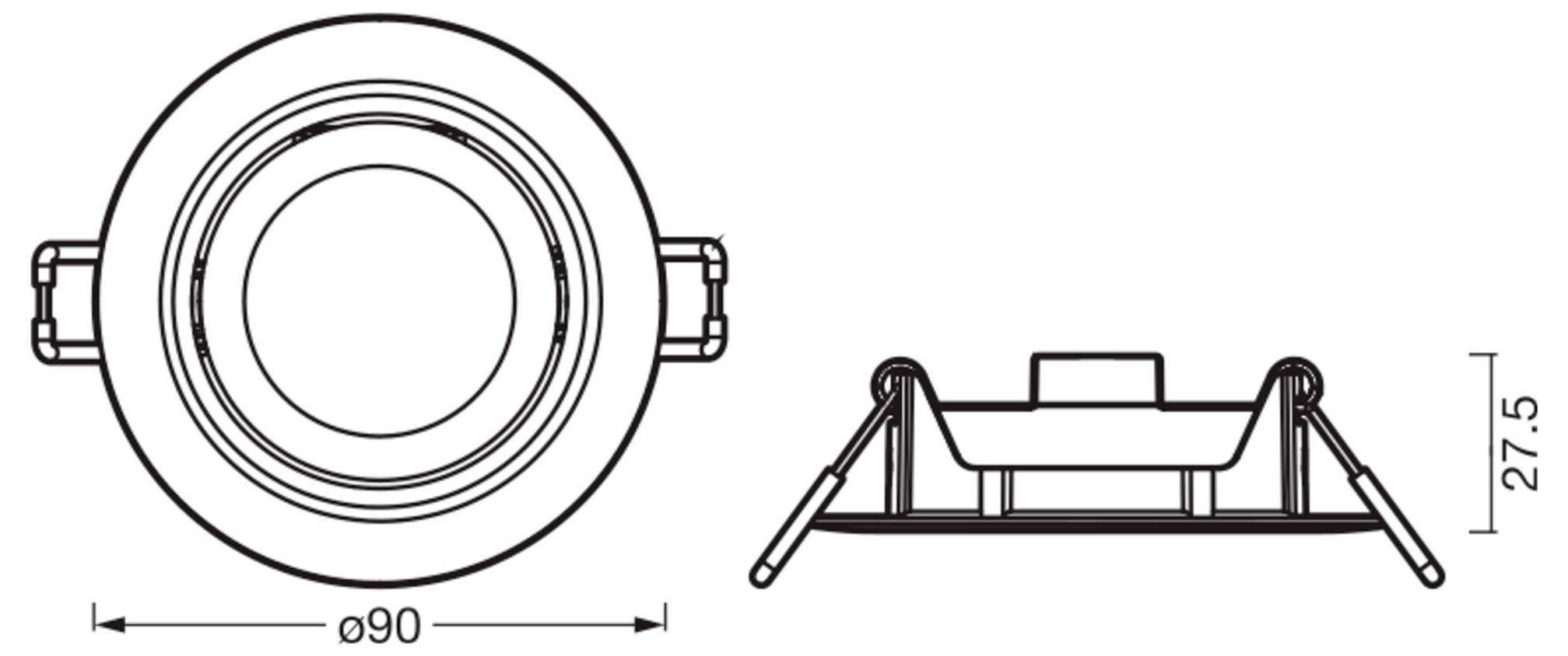 Technische Zeichnung einer runden, eingebauten Leuchte, Vorderansicht mit einem Durchmesser von 90 mm, Seitenansicht zeigt eine Höhe von 27,5 mm.