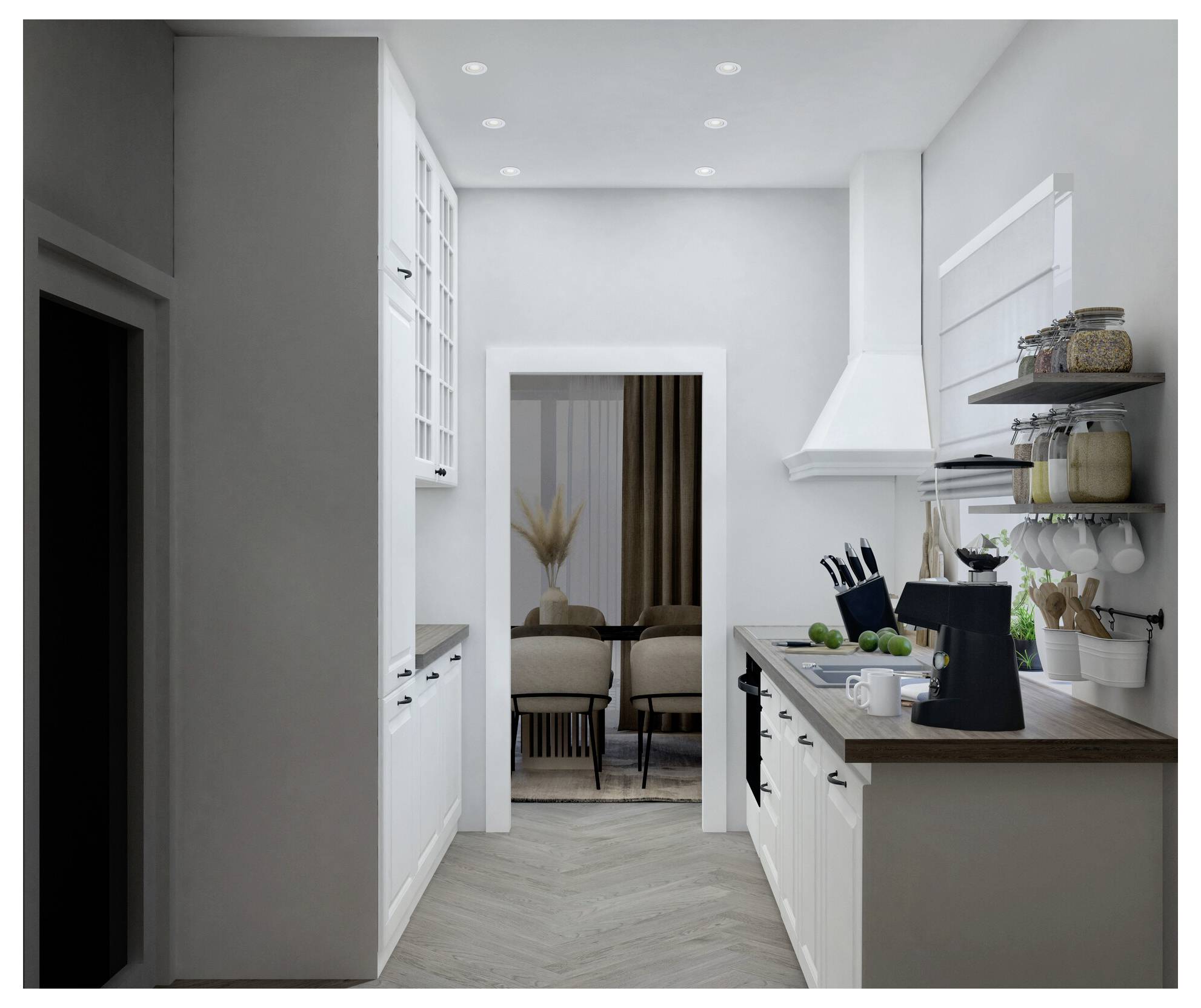 Schmale moderne Küche mit weißen Schränken, einer Arbeitsplatte mit einer Kaffeemaschine und Blick in einen Essbereich mit Stühlen und einem Tisch.