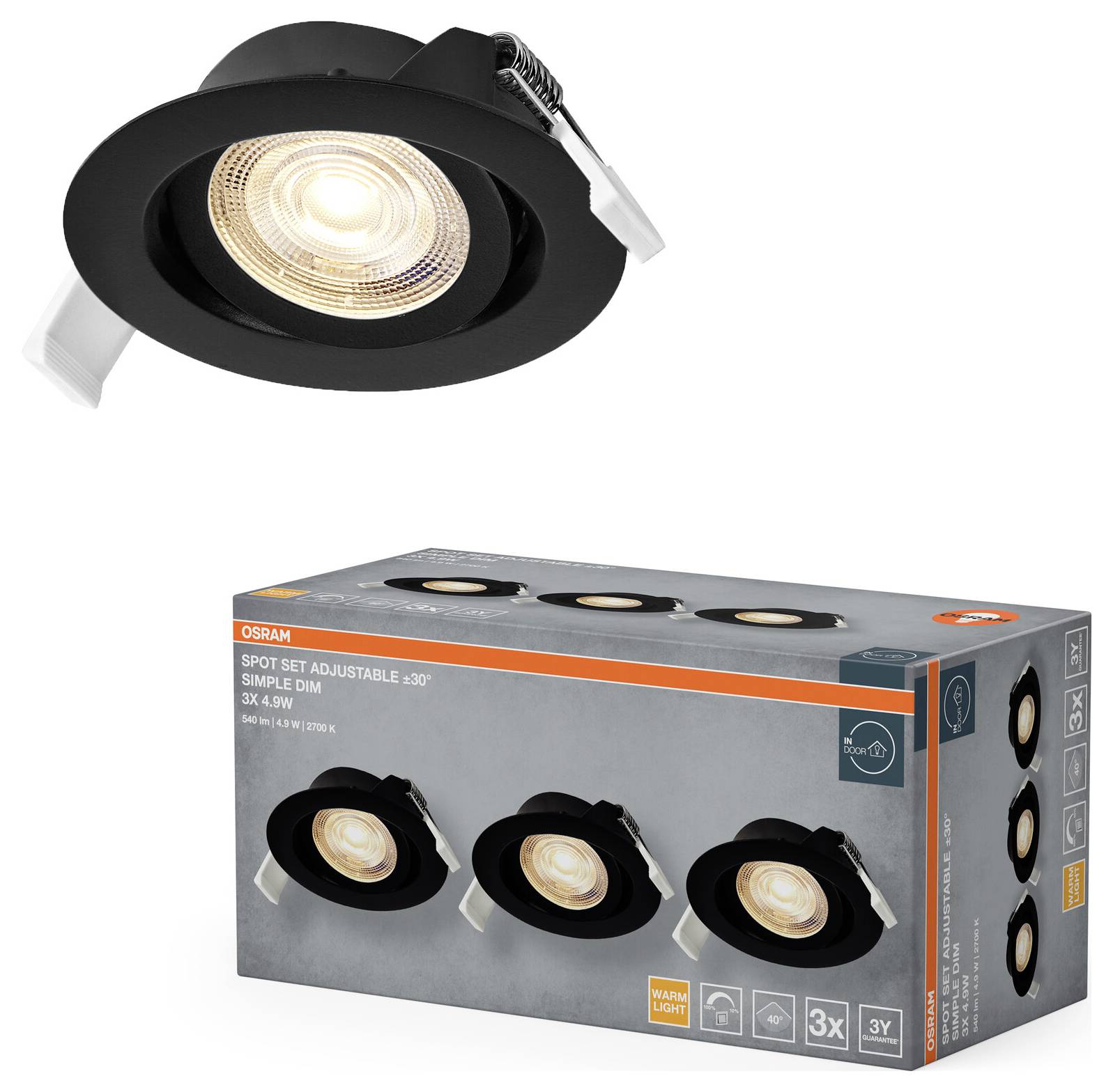 'OSRAM Spot Set Adjustable 30°' Packung mit drei dimmbaren LED-Spotleuchten, wobei eine Spotleuchte separat über der Packung abgebildet ist.