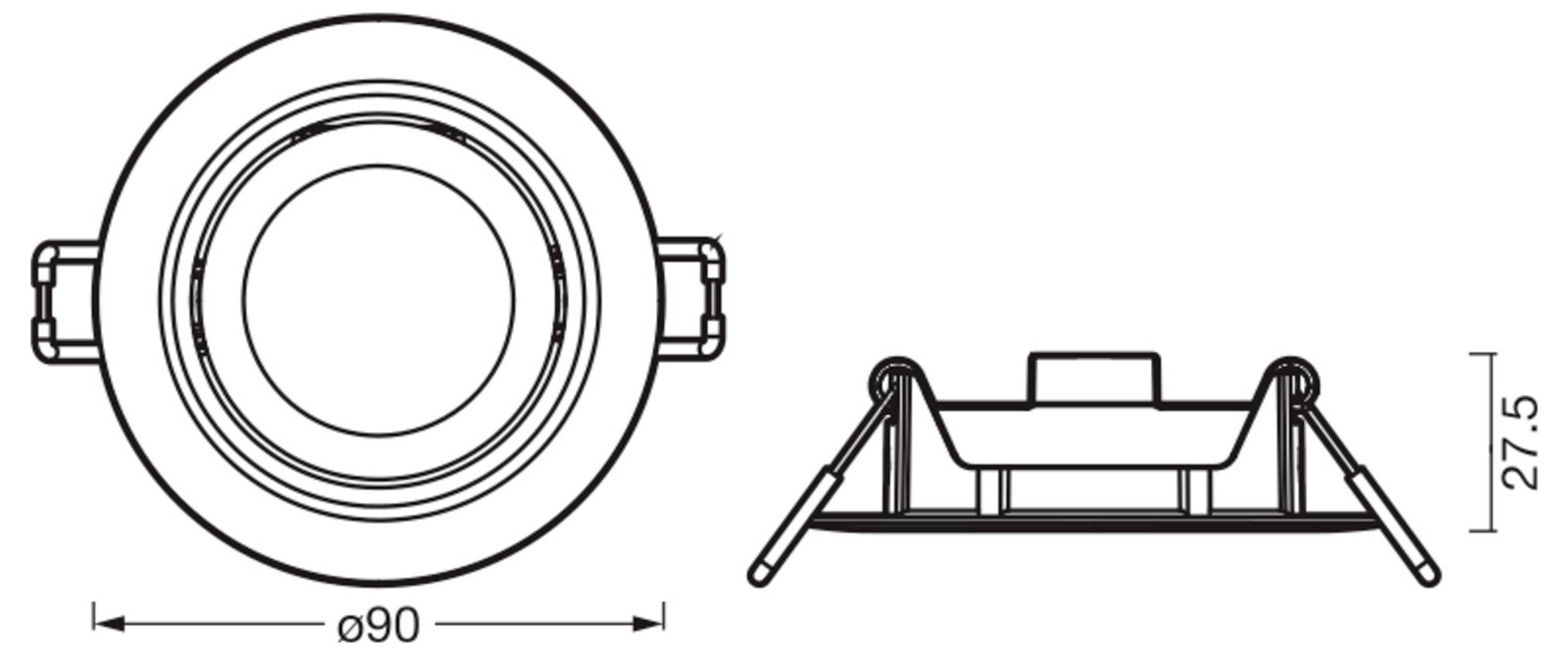 Diagramm einer runden, eingebauten Leuchte, Draufsicht und Seitenansicht dargestellt. Durchmesser beträgt 90 mm, Höhe beträgt 27,5 mm.