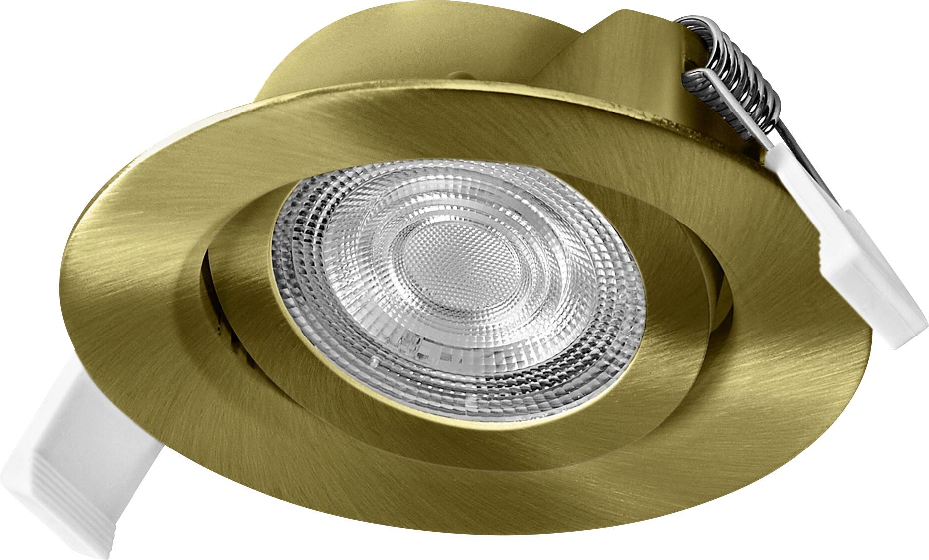 Eine goldfarben Einbau-Deckenleuchte mit rundem Rahmen und verstellbarem Winkel, konzipiert für gerichtete Beleuchtung.