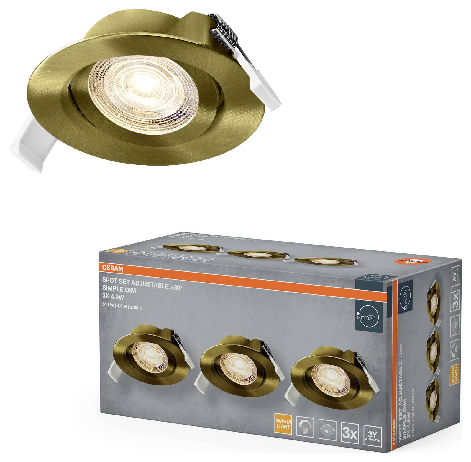 Osram Spot Set, verstellbar 30°, 3x 4,3W LED-Leuchten in Warmweiß, Goldfinish; montiert und in Verpackung gezeigt.