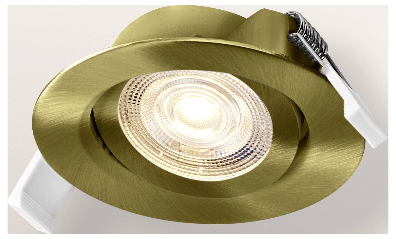 Ein kreisförmiger, schwarzer verstellbarer intelligenter Scheinwerfer mit mehrfarbigem Licht neben seiner Verpackungsschachtel mit Produktdetails und App-Kompatibilität.