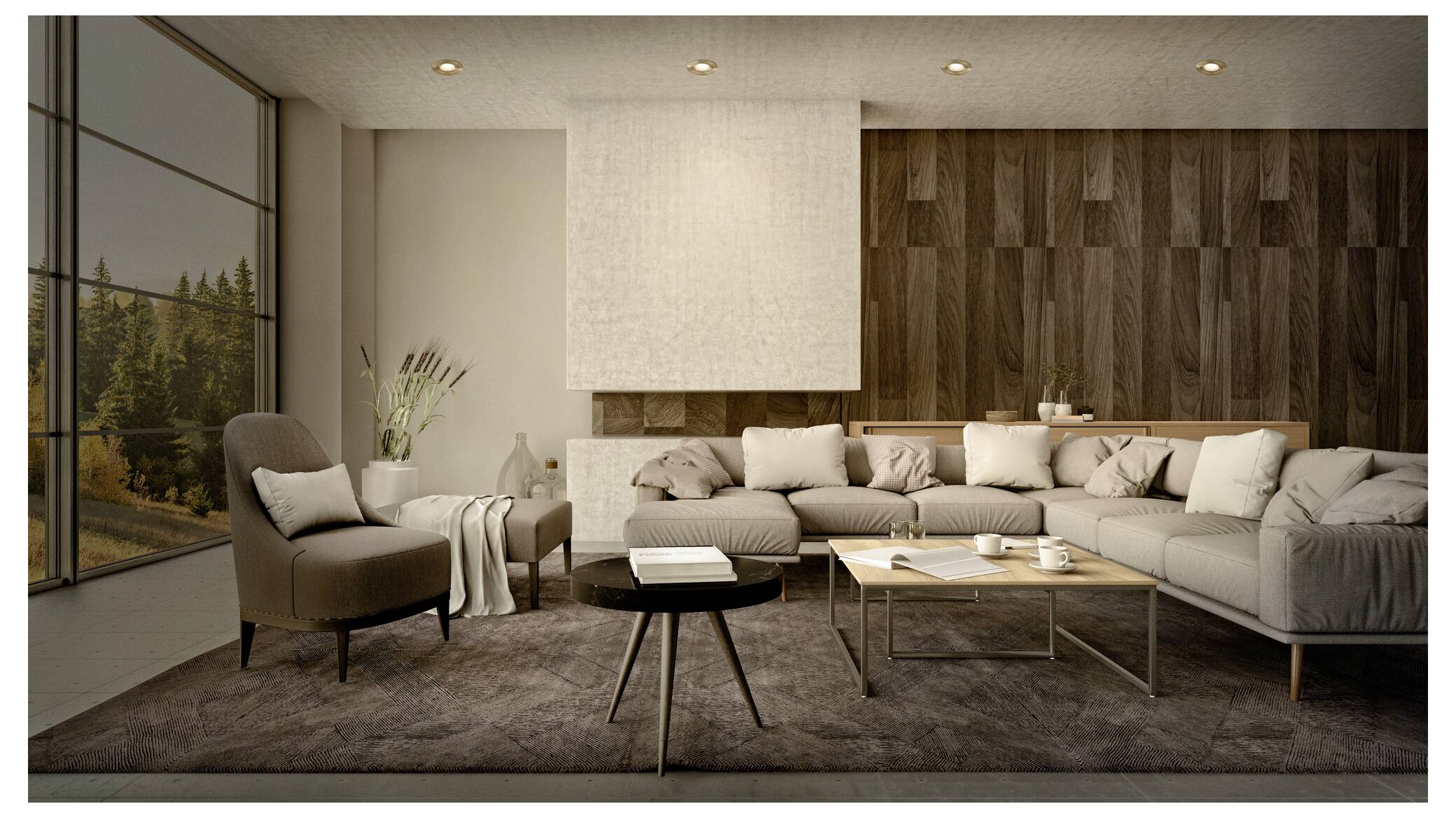 Ein modernes Wohnzimmer mit einem großen grauen Ecksofa, einer Holzakzentwand und einem Couchtisch-Set. Große Fenster mit Blick auf einen Wald draußen.