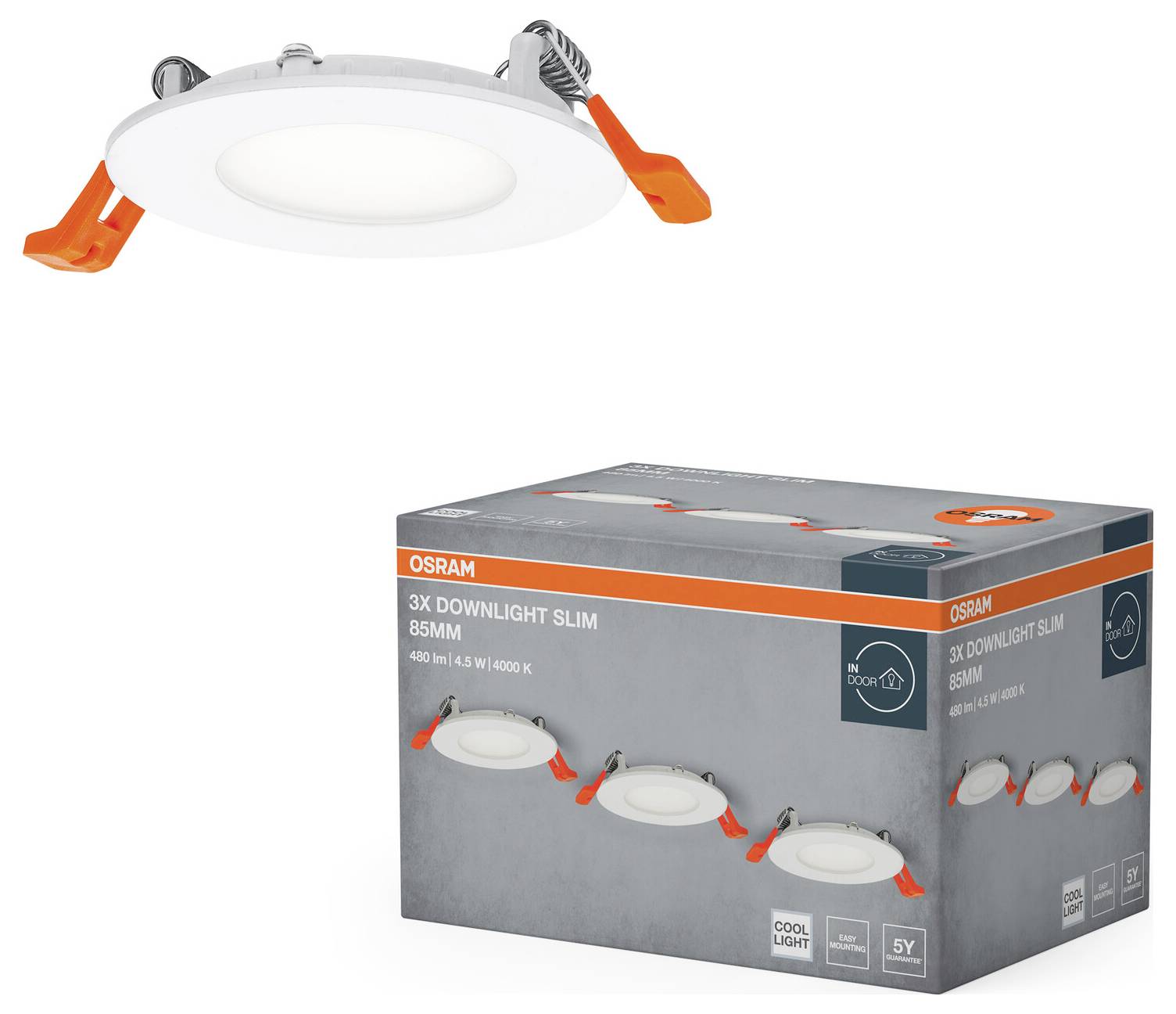 Eingelassene runde LED-Einbauleuchte mit weißem Rahmen und orangenen Clips; eine Schachtel mit drei 85-mm-Einbauleuchten, 400 Lumen, 5W, Farbtemperatur 4000K.