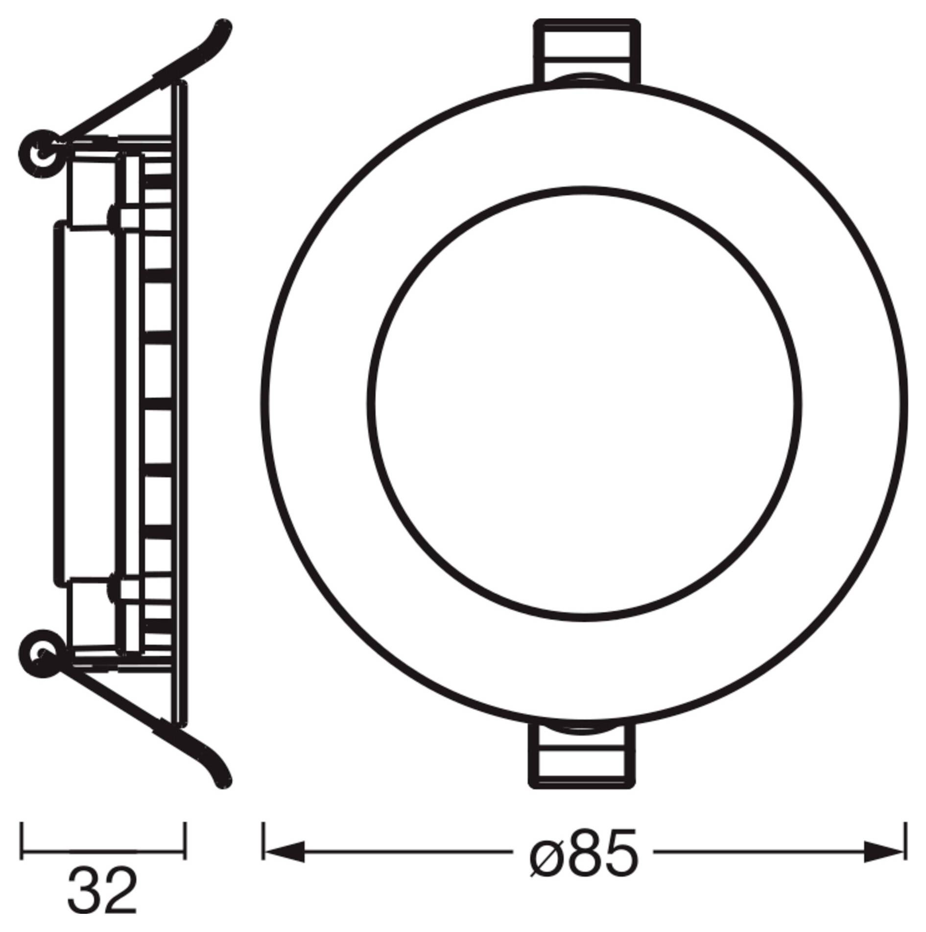 Technische Zeichnung zeigt ein kreisförmiges Objekt mit einem Durchmesser von 85 mm und einer Tiefe von 32 mm, von der Seite und von oben betrachtet.