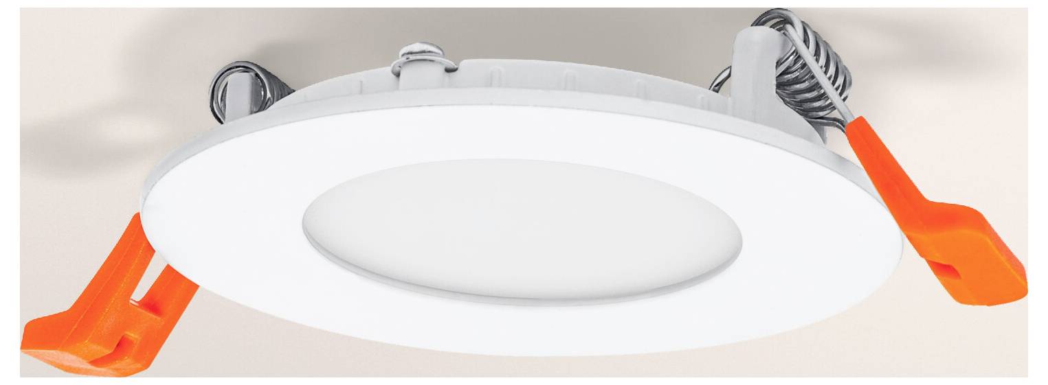 Deckenmontierto rundes LED-Einbauleuchte mit zwei orangen Befestigungsklammern auf jeder Seite zur Installation.