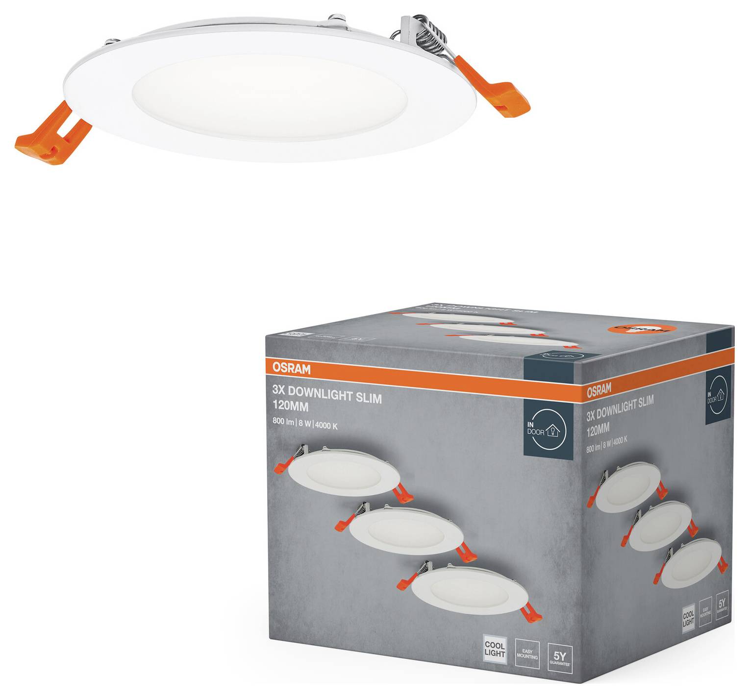 Ein weißes, kreisförmiges LED-Einbauleuchte mit orangefarbenen Klammern wird über einer Schachtel mit der Aufschrift „OSRAM 3X Downlight Slim 120mm