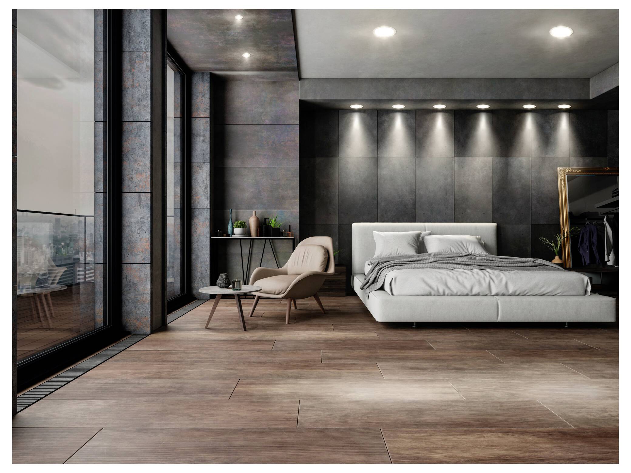 Modernes Schlafzimmer mit großen Fenstern, grauen Wänden und Holzböden. Ausgestattet mit einem weißen Bett, beigem Sessel, rundem Tisch und dekorativen Gegenständen.