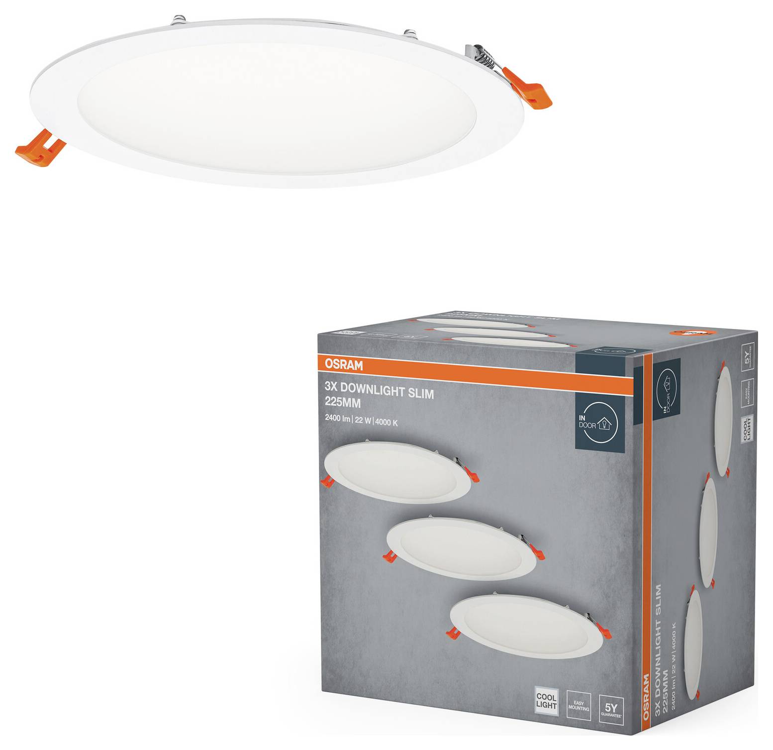 Ein runder, schlanker Einbaustrahler mit einer orangefarbenen Klammer wird über seiner Schachtel präsentiert. Auf der Schachtel steht „Osram 3x Downlight Slim 235mm Cool White