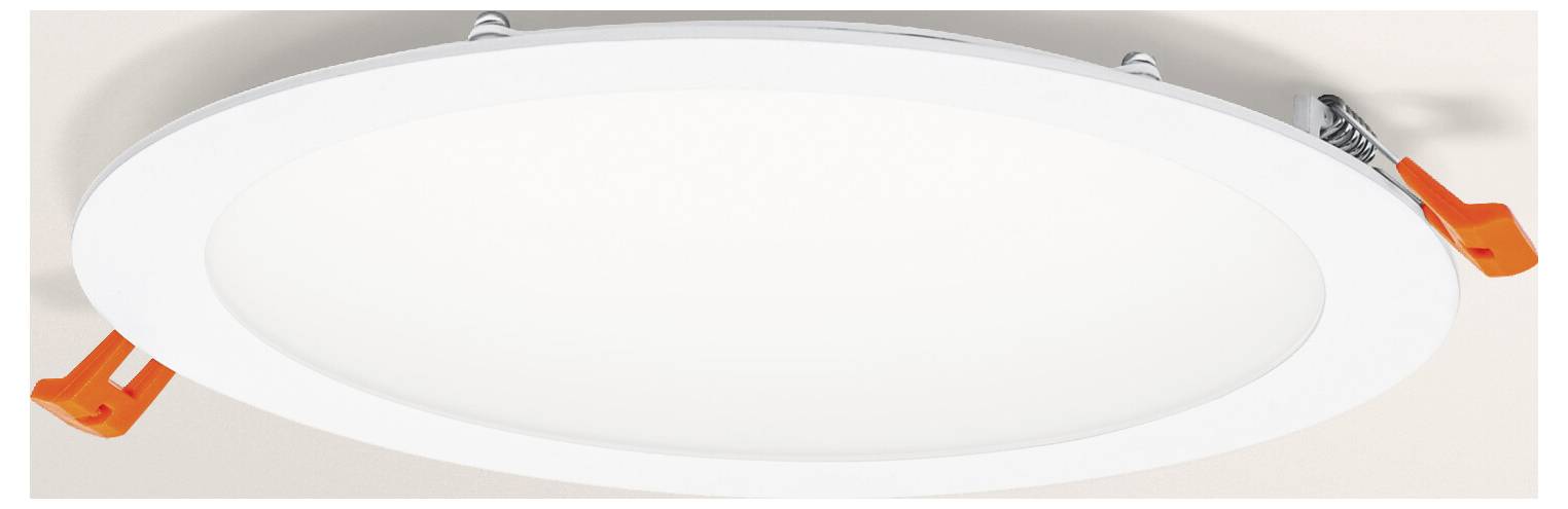 Eine runde, weiße LED-Deckenleuchte mit sichtbaren orangefarbenen Clips, konzipiert für die bündige Montage auf ebenen Flächen.