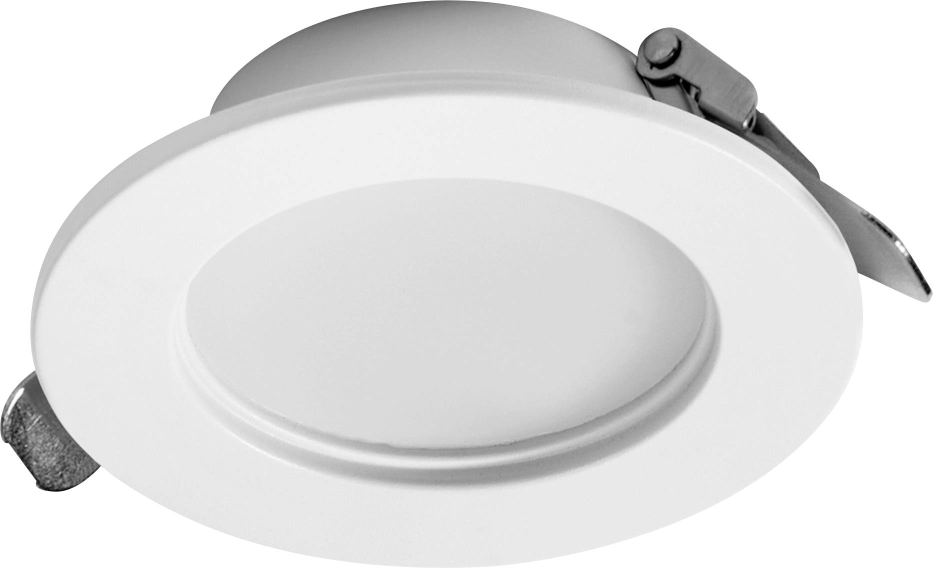 Ein runder, weißer Einbaustrahler in der Decke mit schlichtem Design, ausgestattet mit einem weißen Rand und einer Metallklammer zur Montage.
