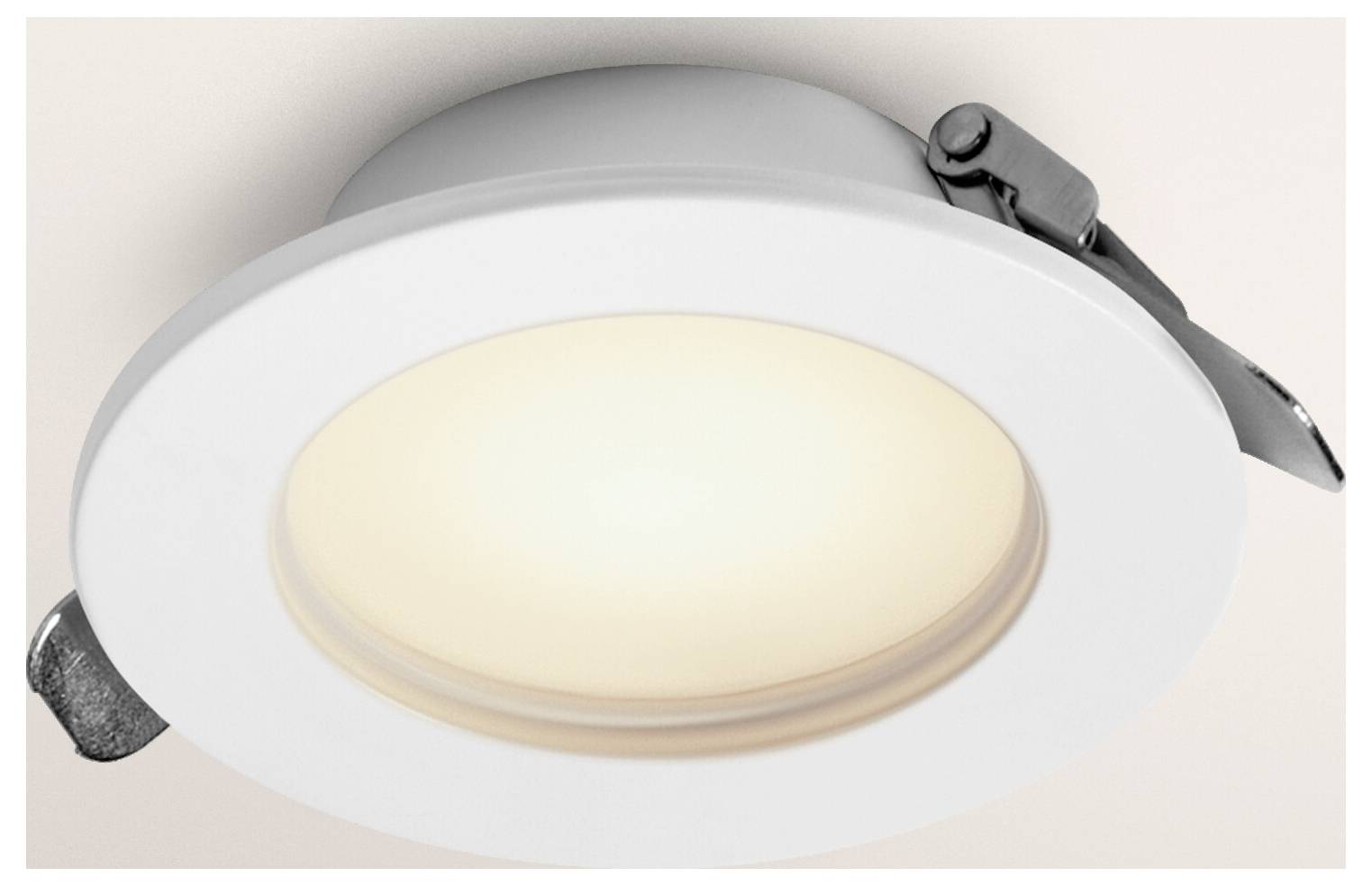 Eine runde, bündige LED-Deckenleuchte mit weißer Blende, konzipiert für energieeffiziente Beleuchtung in Wohn- oder Geschäftsräumen.