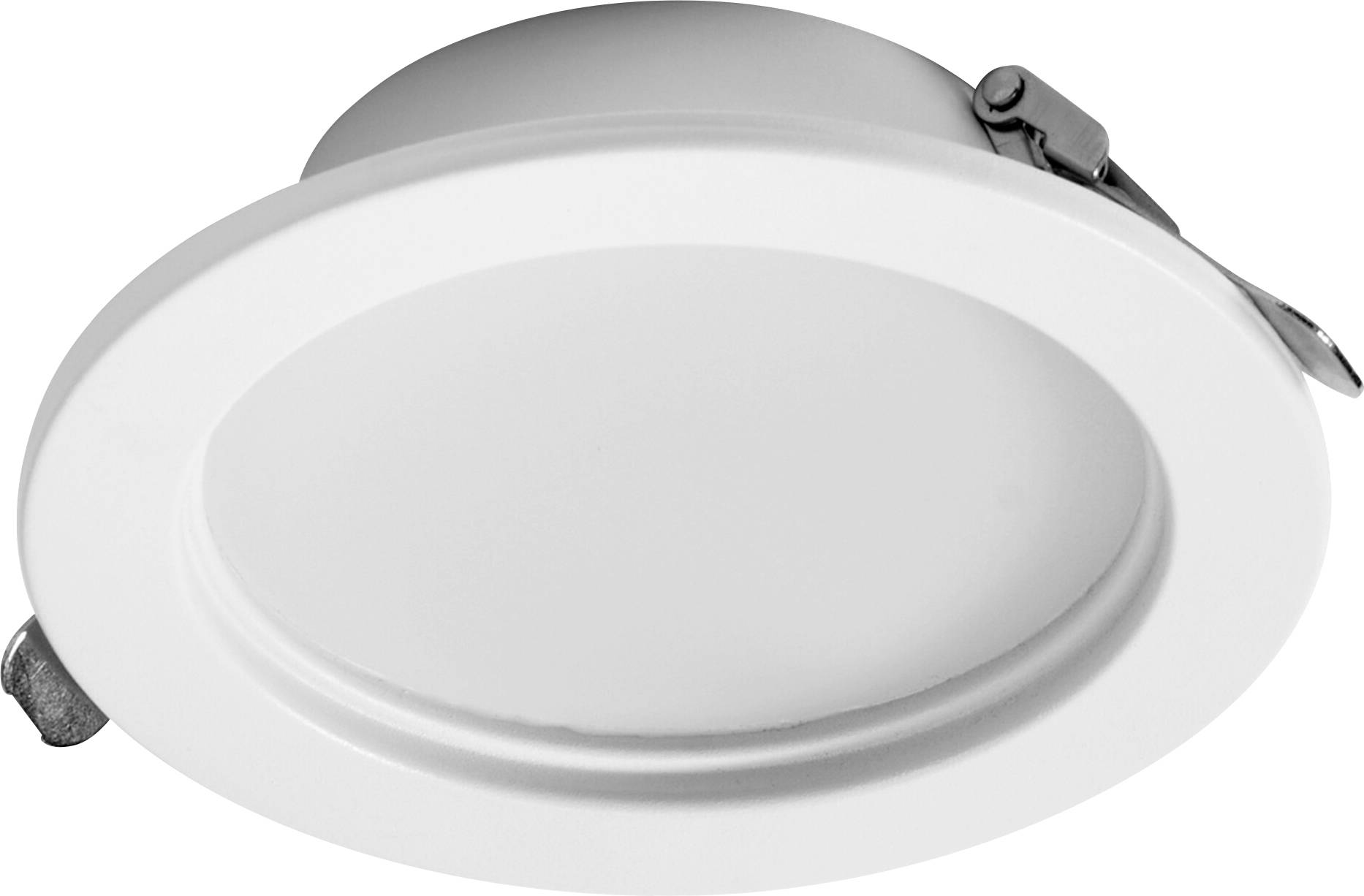 Ein weißes, versenkt montiertes LED-Deckenleuchte mit rundem Rahmen, vor einem einfachen Hintergrund dargestellt, zeigt die seitliche Clip-Befestigung.