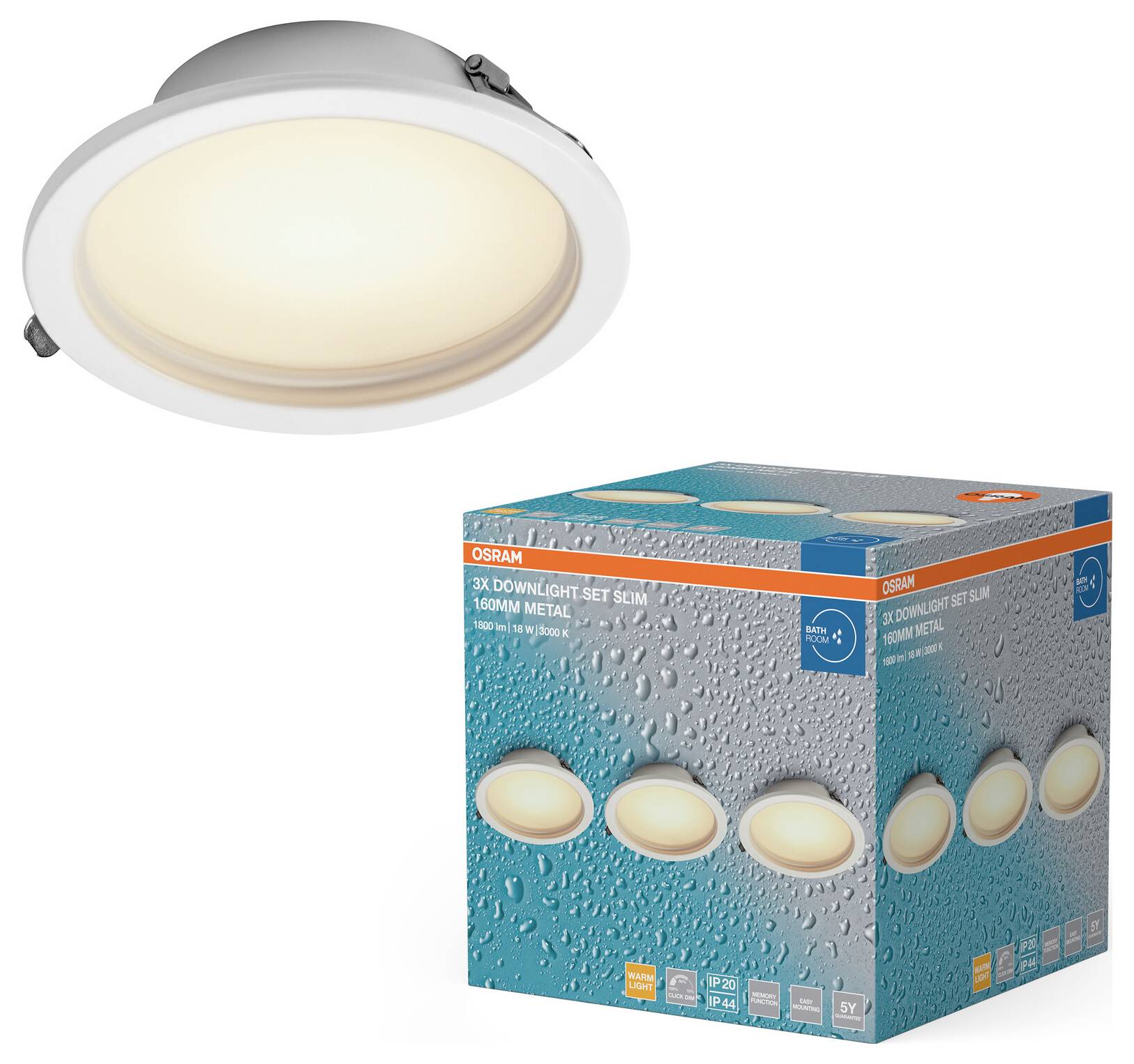 Ein weißes LED-Einbauleuchte mit ihrer Verpackung. Die Schachtel zeigt drei Einbauleuchten in einer nassen Umgebung und deutet auf Wasserbeständigkeit hin.