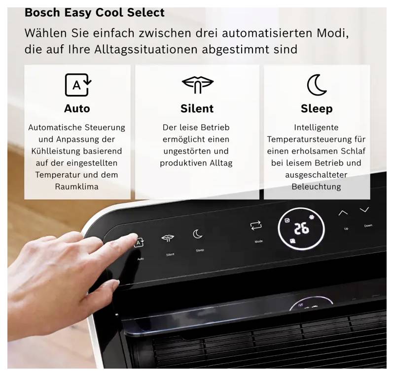 Bosch Easy Cool Select: Klimagerät mit drei Modi – Auto, Silent und Sleep – zur automatischen, leisen oder schlaffreundlichen Temperatursteuerung.