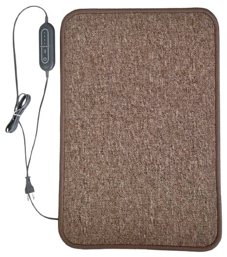 Eine braune elektrische Heizmatte mit strukturierter Oberfläche und einer angebrachten schwarzen Kontrolleinheit mit Tasten und einem Stromkabel.