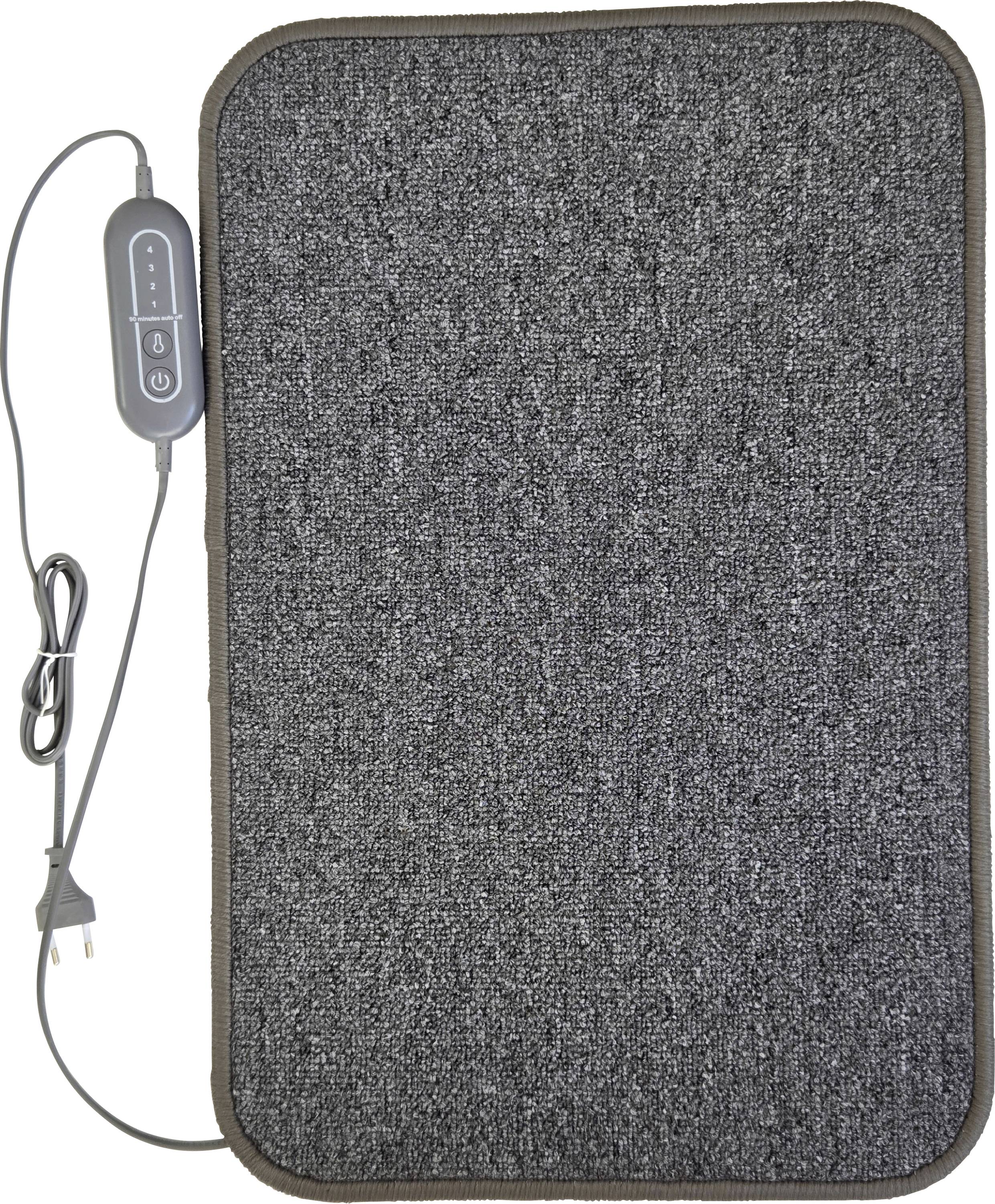 Ein graues elektrisches Wärmekissen mit einer strukturierten Oberfläche und einem Bedienfeld auf der linken Seite, das einen Ein-/Ausschalter und Temperatureinstellungen aufweist.
