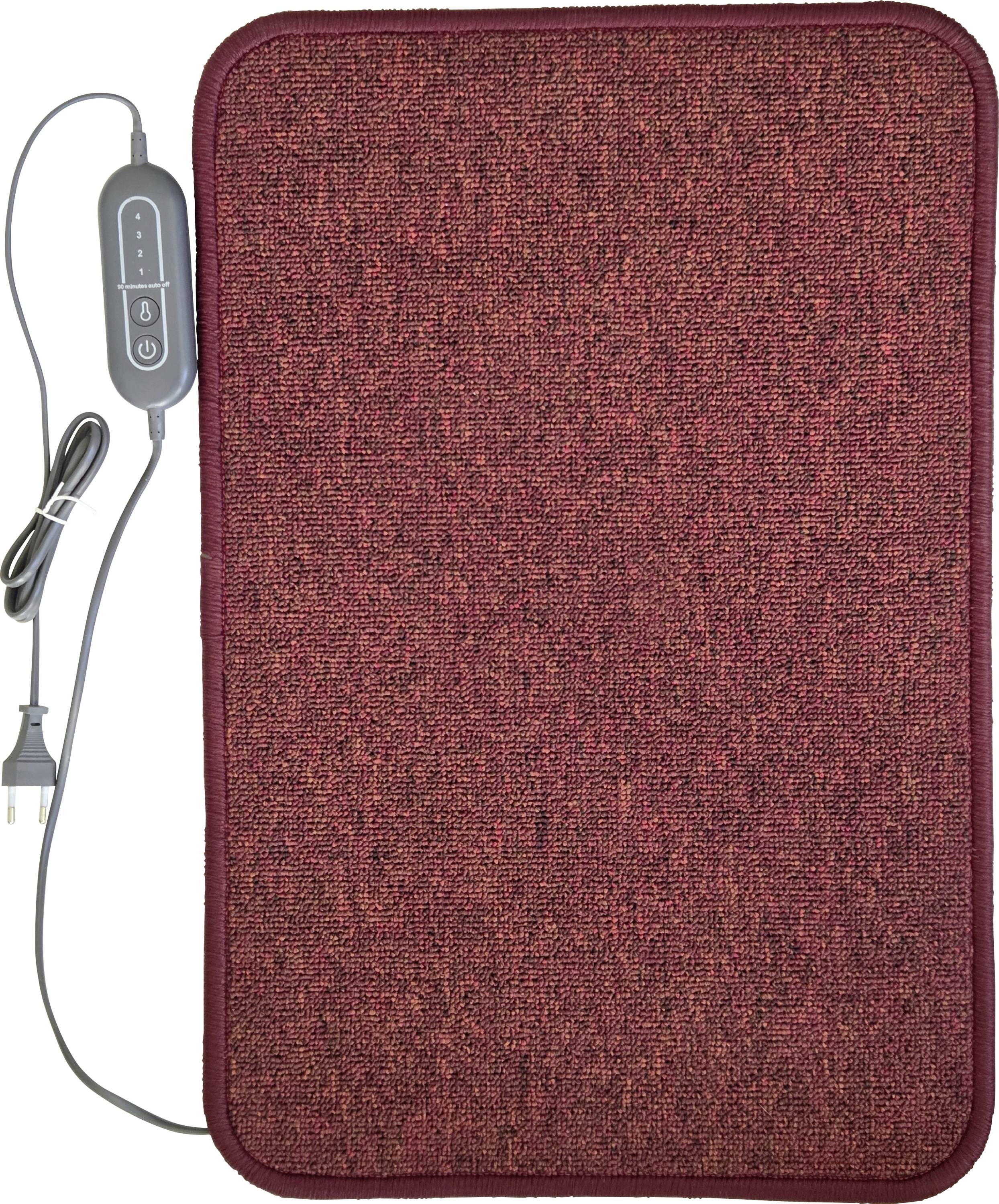 Ein rechteckiges rotes strukturiertes Wärmekissen mit angebrachter Steuereinheit und Stromkabel, bestimmt für den persönlichen Gebrauch.