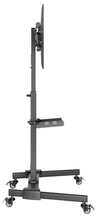 Eine Seitenansicht eines mobilen Fernsehständers mit verstellbarer Höhe, ausgestattet mit Lenkrollen für einfache Bewegung und einem Regal für Geräte.
