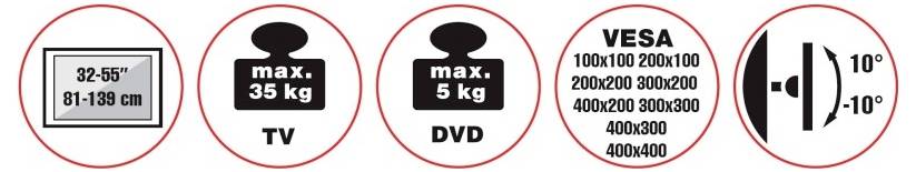 Wandhalterung für Fernseher Spezifikationen: Passt für 32-55 Zoll Fernseher, maximales Gewicht 35 kg. DVD maximales Gewicht 5 kg. VESA-Größen aufgelistet. Neigungsbereich: -10° bis 10°.