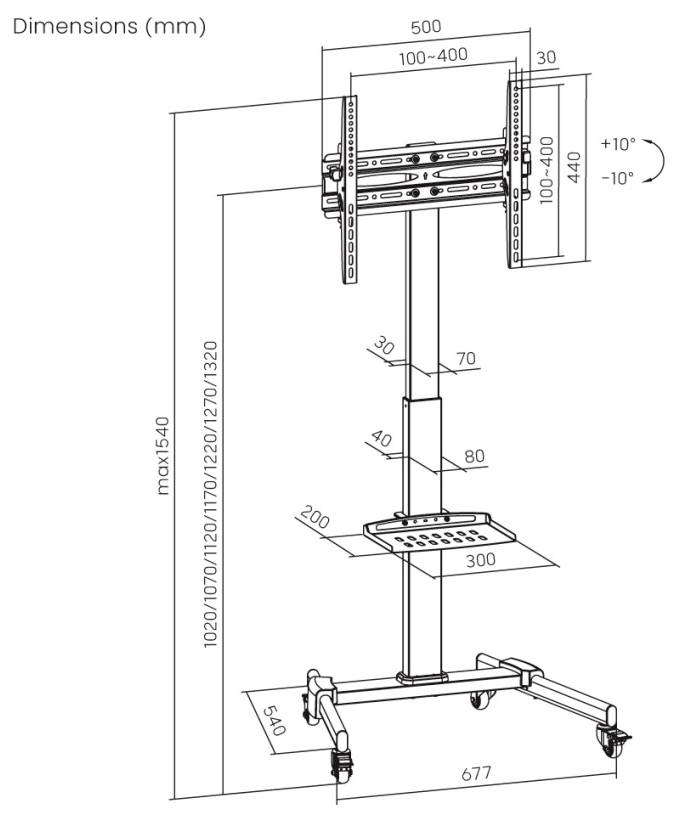 Diagramm eines mobilen Fernsehständers mit verstellbaren Montagehöhen im Bereich von 1020 bis 1540 mm, Neigungsfunktion und robustem Sockel mit Rollen.