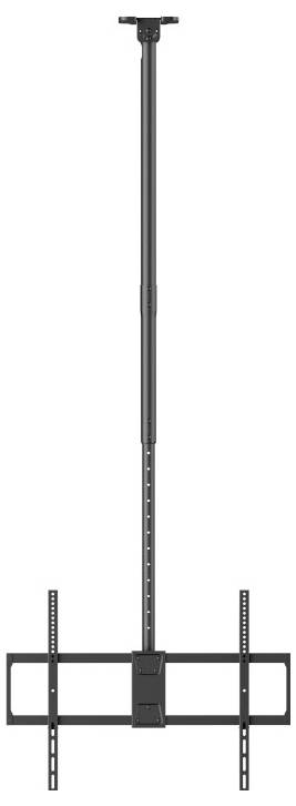 Eine schwarze Deckenhalterung für Fernseher mit verstellbarem Schaft und Halterungen zum Befestigen eines Flachbildfernsehers.