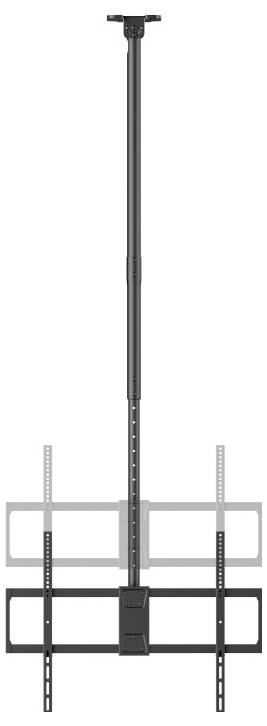 An der Decke montierte Halterung zum Halten und Einstellen von zwei Flachbildfernsehern, einer über dem anderen, in vertikaler Ausrichtung.