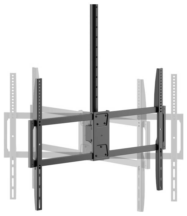 Eine schwarze TV-Halterung mit verstellbaren Armen wird gezeigt, die ihre Flexibilität und den Bewegungsumfang für Wand- oder Deckenmontagen darstellt.