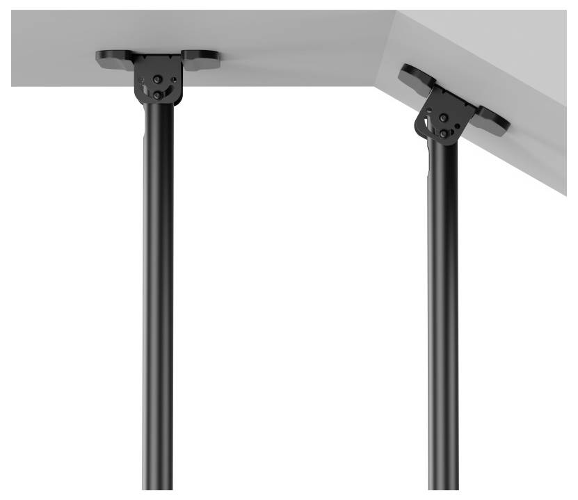 Zwei schwarze Metallstützpfosten, die an der Unterseite einer grauen Oberfläche befestigt sind, leicht nach außen geneigt und bieten strukturelle Stabilität.