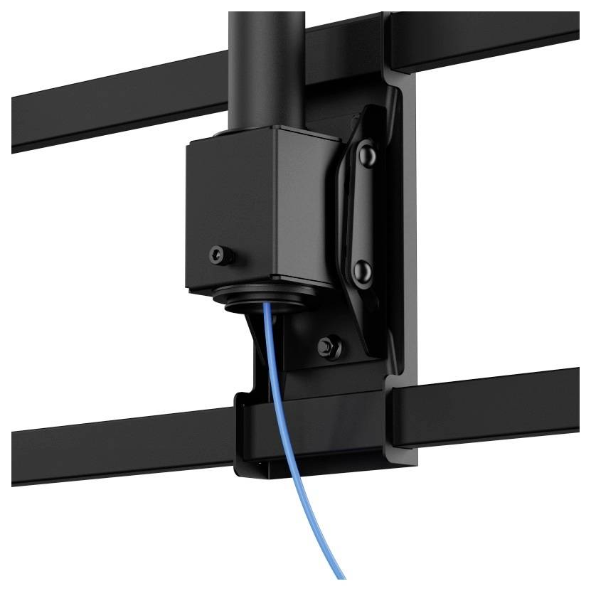 Eine Nahaufnahme einer schwarzen beweglichen Wandhalterung mit einem blauen Kabel, das herausragt, entwickelt zum Halten von großen Flachbild-Fernsehern oder Monitoren.
