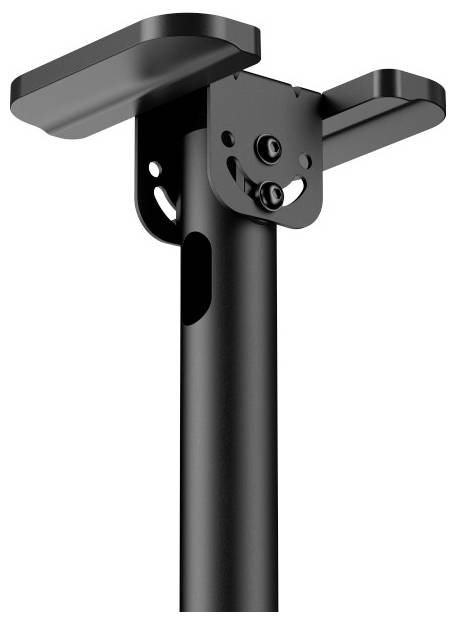 Schwarze Metallhalterung mit Montagelöchern, die zum Befestigen von Objekten an einem zylindrischen Mast ausgelegt ist.