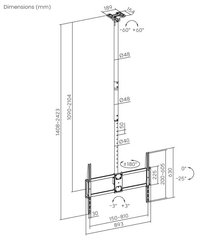 Verstellbare TV-Wandhalterung Abmessungen: Höhe 1409-2423 mm, Neigung 0-25°, Versatz 30-70 mm, Rotation ±180°, Armlänge 1090-2104 mm.